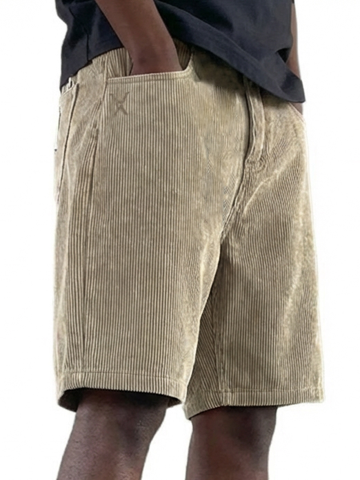 Men's Casual Retro Multi Pocket Embroidered Logo Workwear Corduroy Shorts