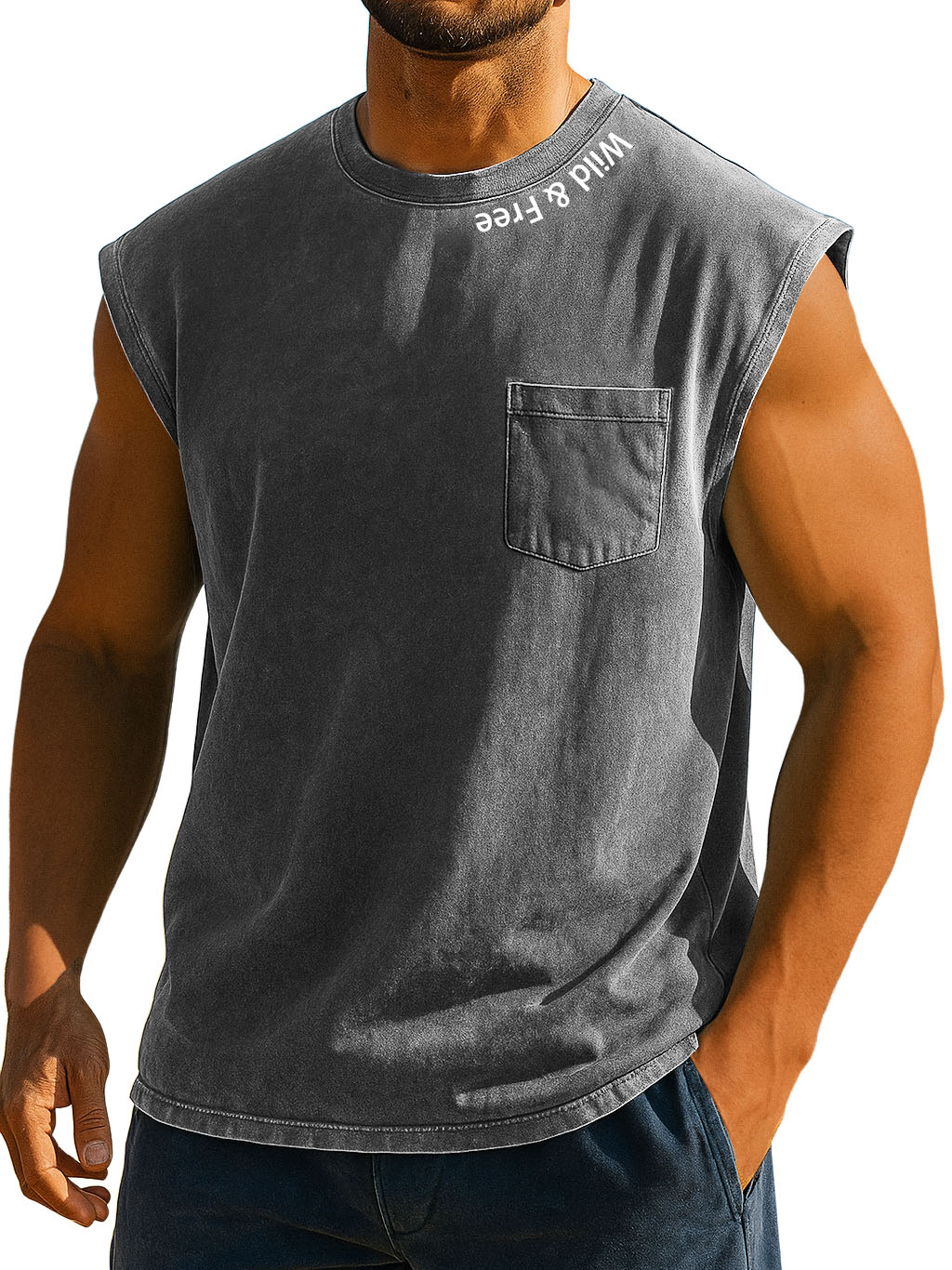 Men's Stylish Retro Distressed Pocket Wild And Liberty Print Sleeveless Top