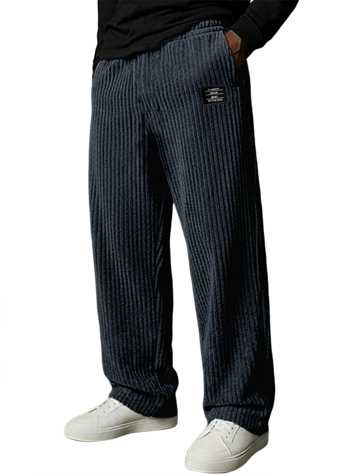 Men's Stylish Vertical Striped Corduroy Trousers with Embroidered Label