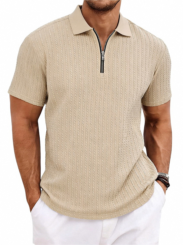 Men's Striped Jacquard Zip Up Short Sleeved  Polo Shirt