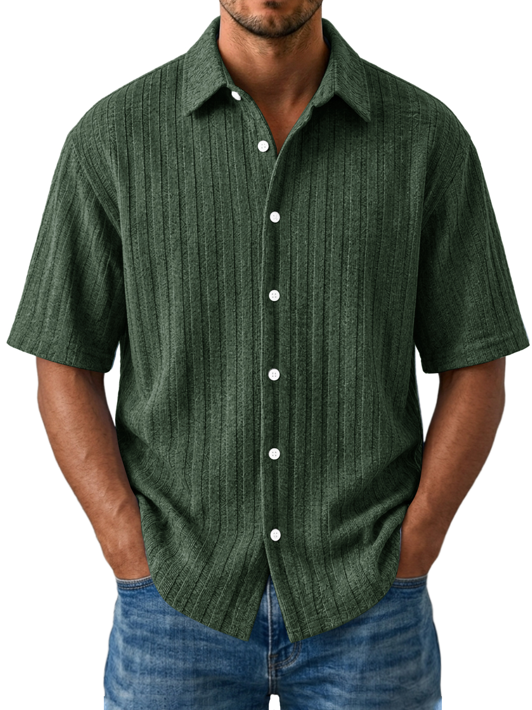 Men's Casual Striped Jacquard Short Sleeve Shirt