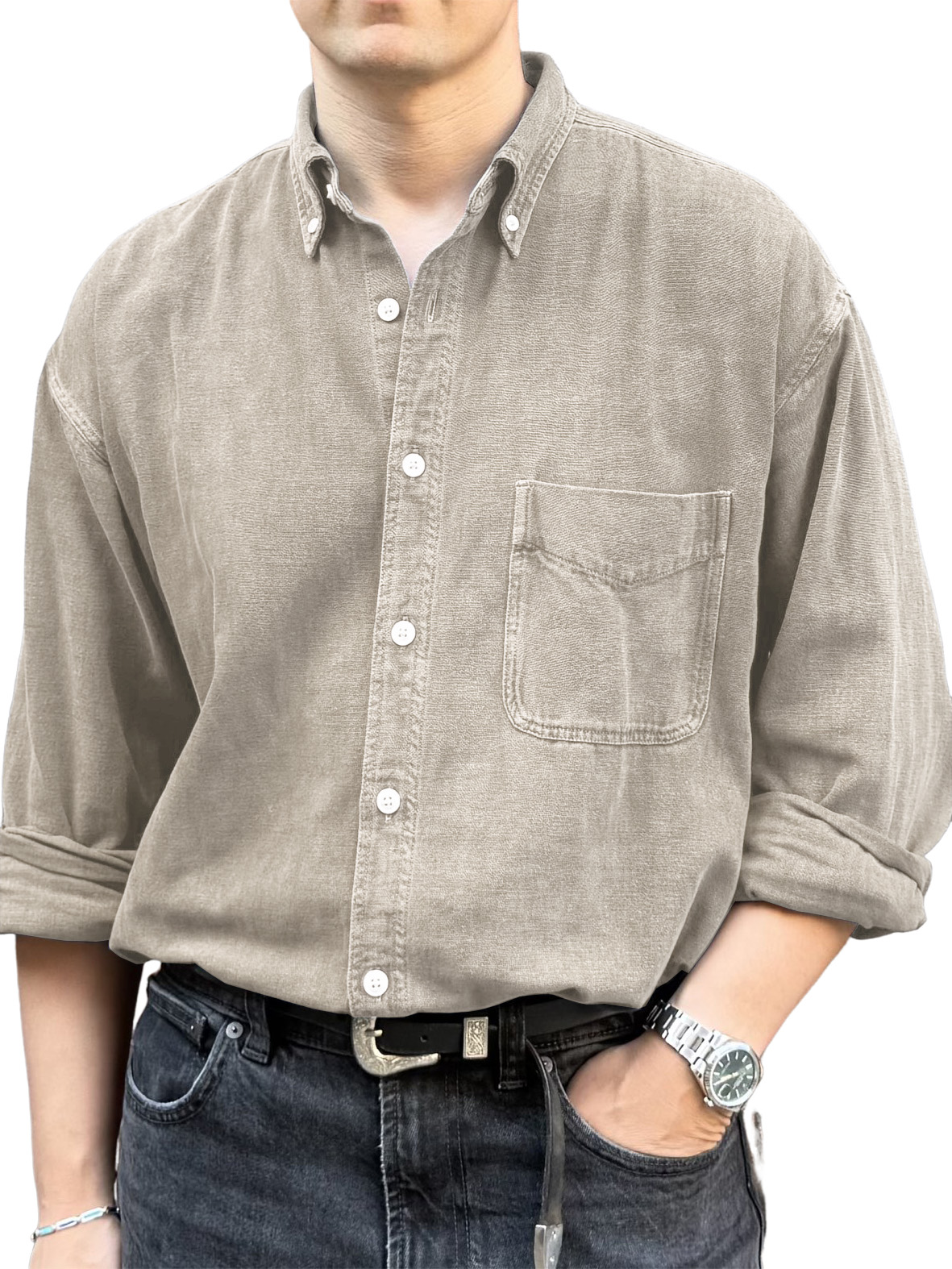 Men's Retro Fashion Distressed Pocket Long-Sleeve Shirt