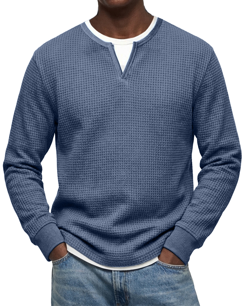 Men's Casual Urban  V-neck Faux Two-Piece Waffle Knit Crew Neck Long-Sleeve T-Shirt