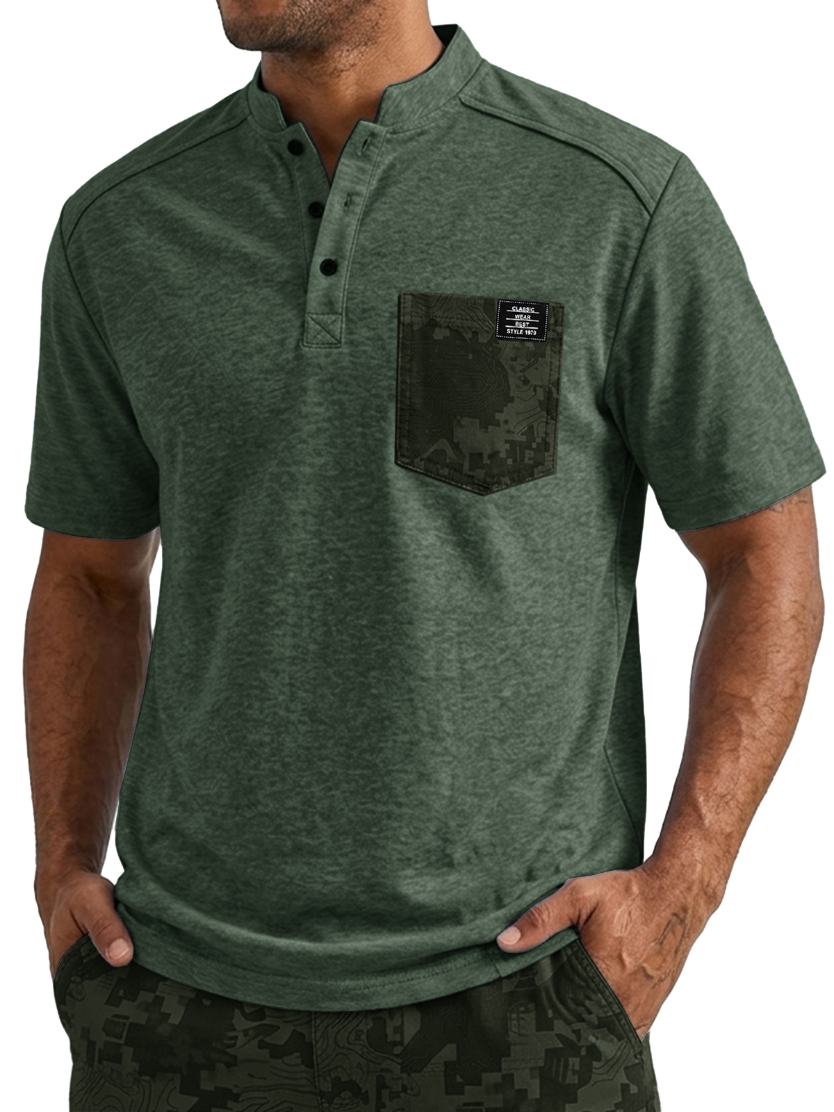 Camouflage-Print Pocket Casual Versatile Henley Shirt