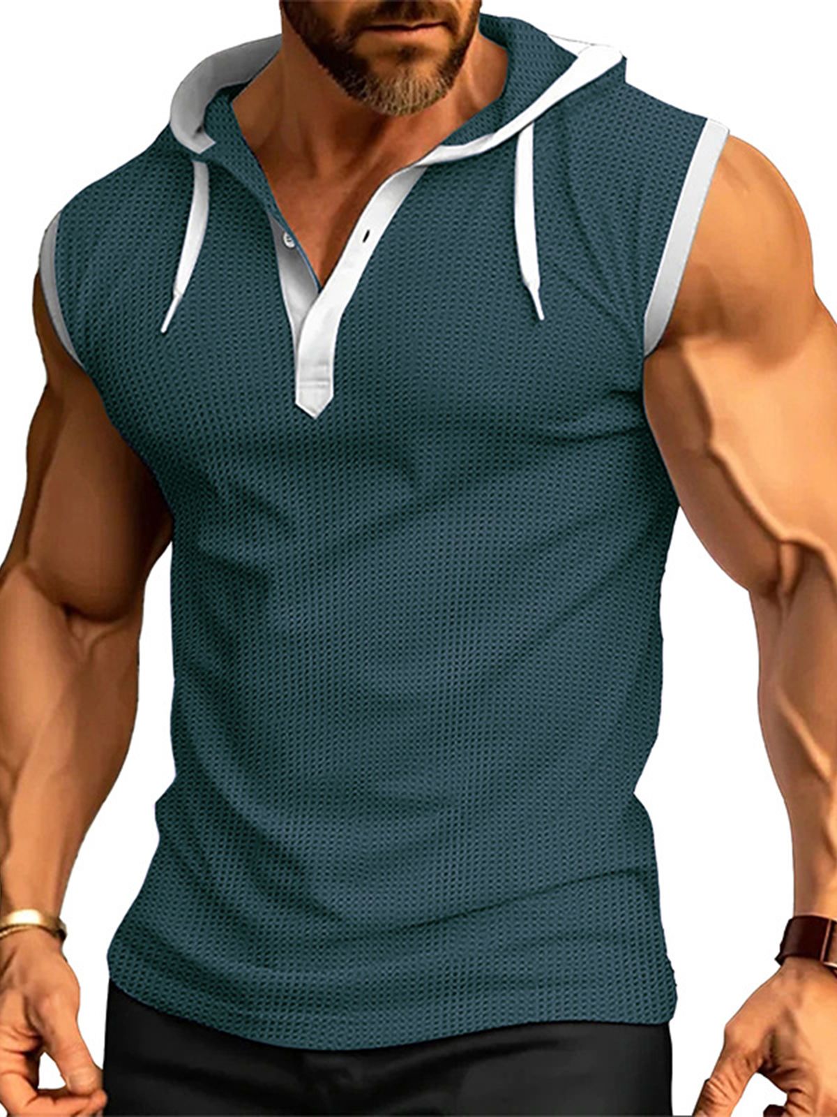 Men's Sleeveless Waffle Hooded Casual Fitness Sports Vest