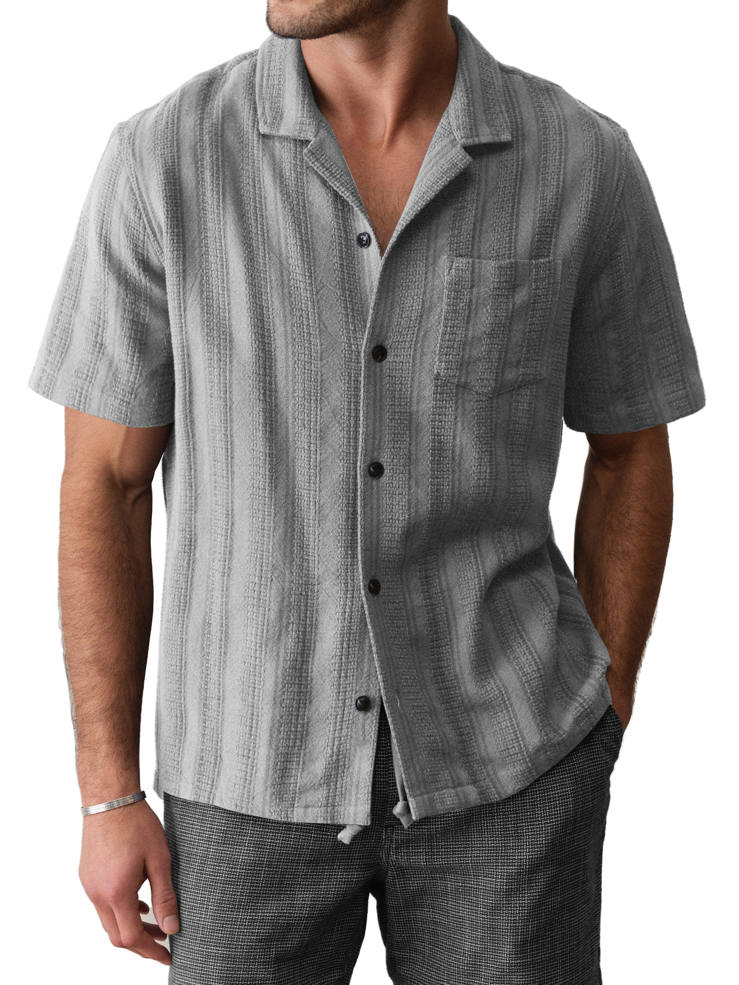 Men's Casual Breathable Comfortable Textured Jacquard Cuban Collar Shirt