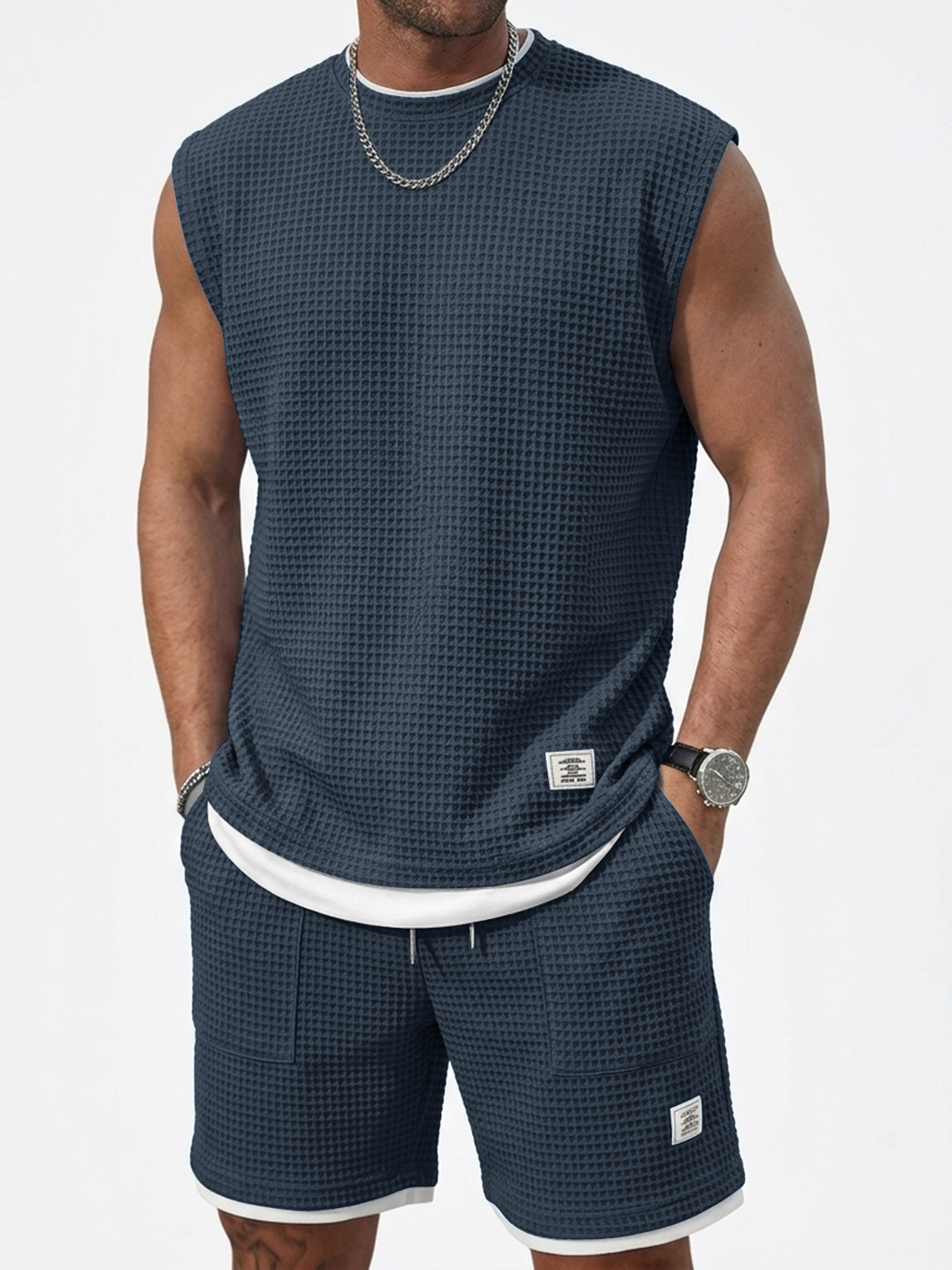 Stylish And Casual Waffle Fabric Vest And Shorts Two-piece Set