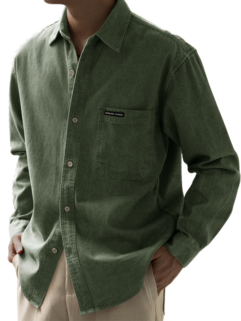 Men's Basic Vintage Washed Pocket Logo Long Sleeve Shirt