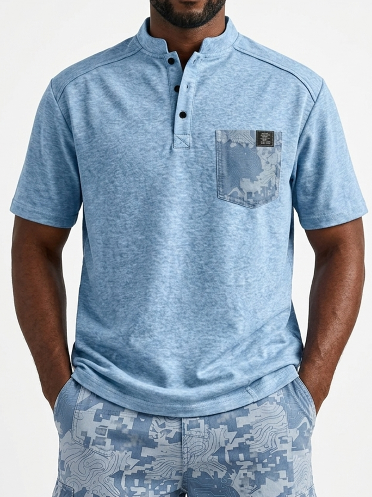 Camouflage-Print Pocket Casual Versatile Henley Shirt