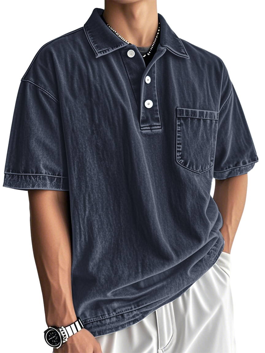 Men's Washed And Distressed Cotton Vintage Casual Polo Shirt