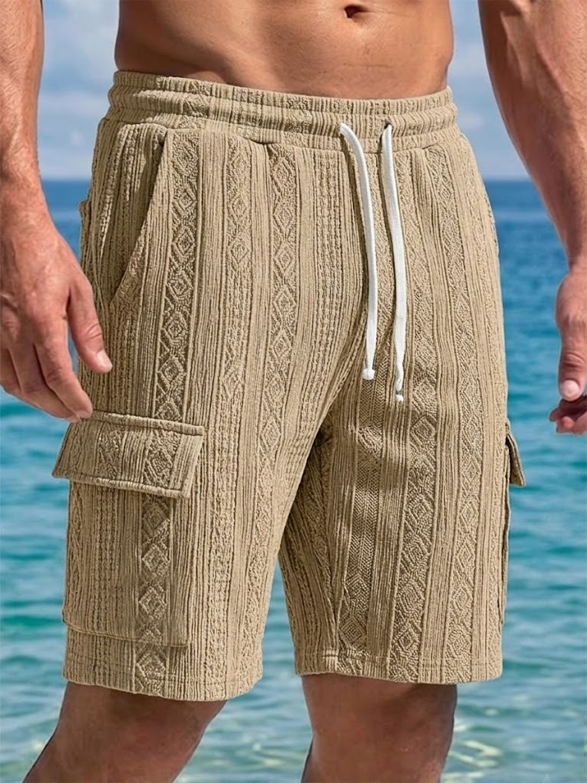 Men's Jacquard Retro Multi-pocket Casual Drawstring Shorts