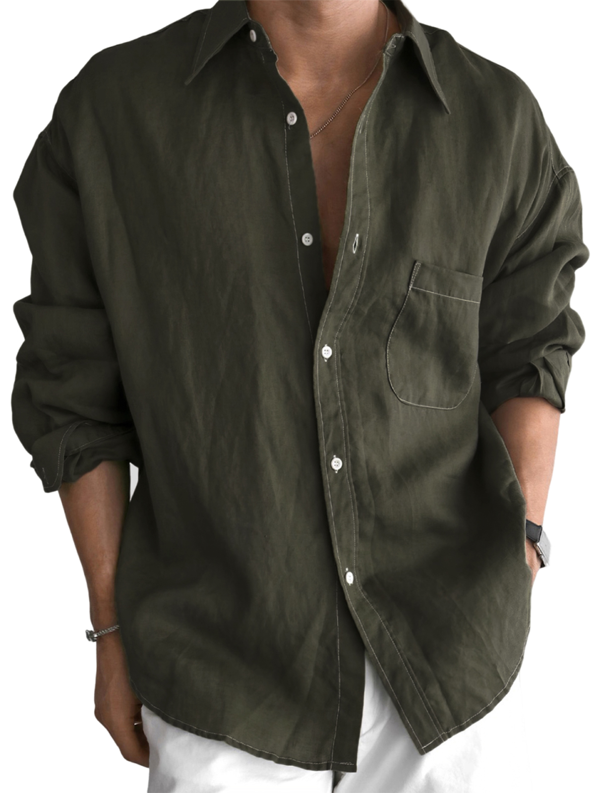 Men's Daily Cotton-linen Urban Casual Long-sleeve Shirt with Chest Pocket