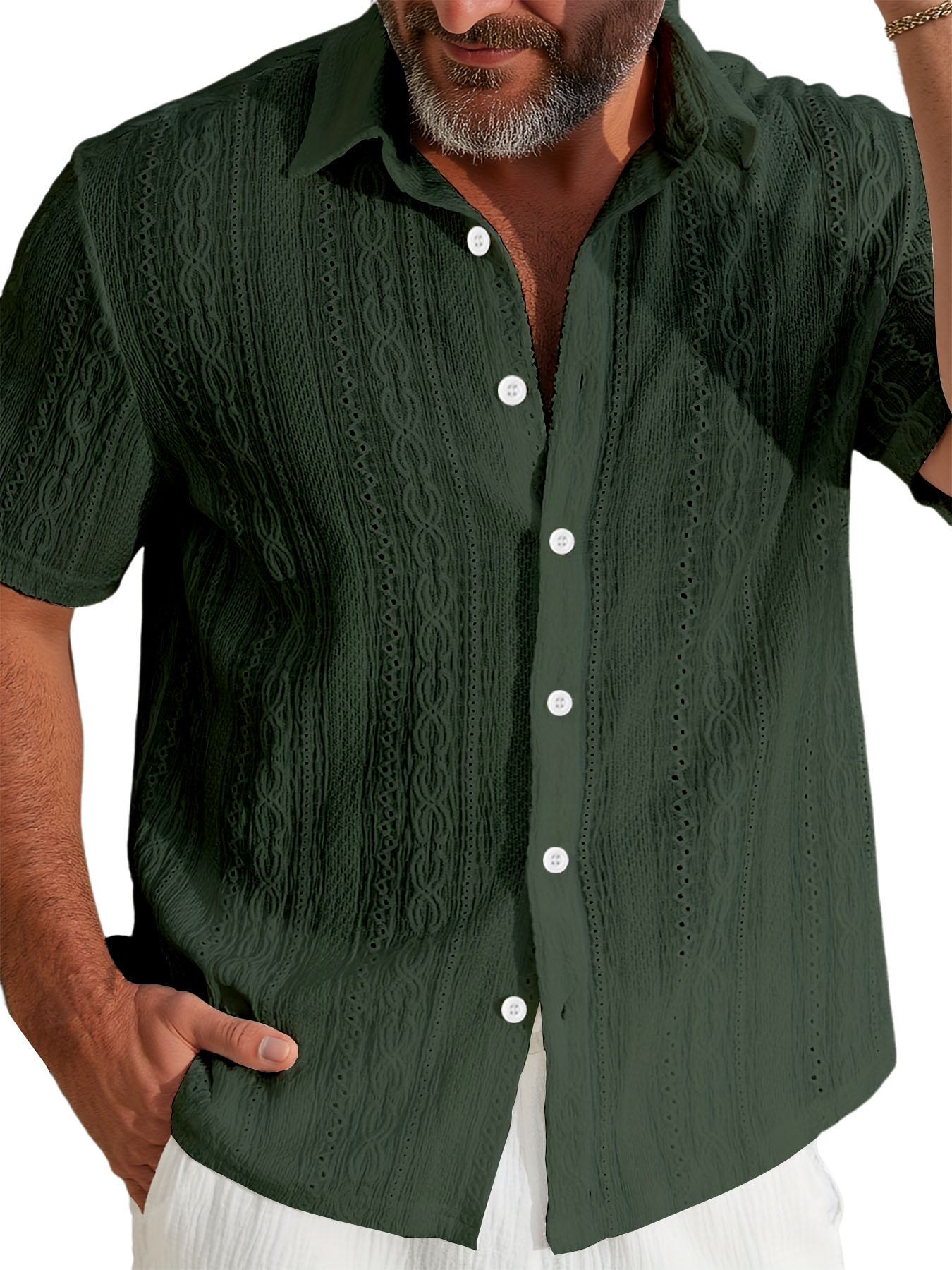 Men's Jacquard Lapel Casual Blue Short-sleeved Shirt
