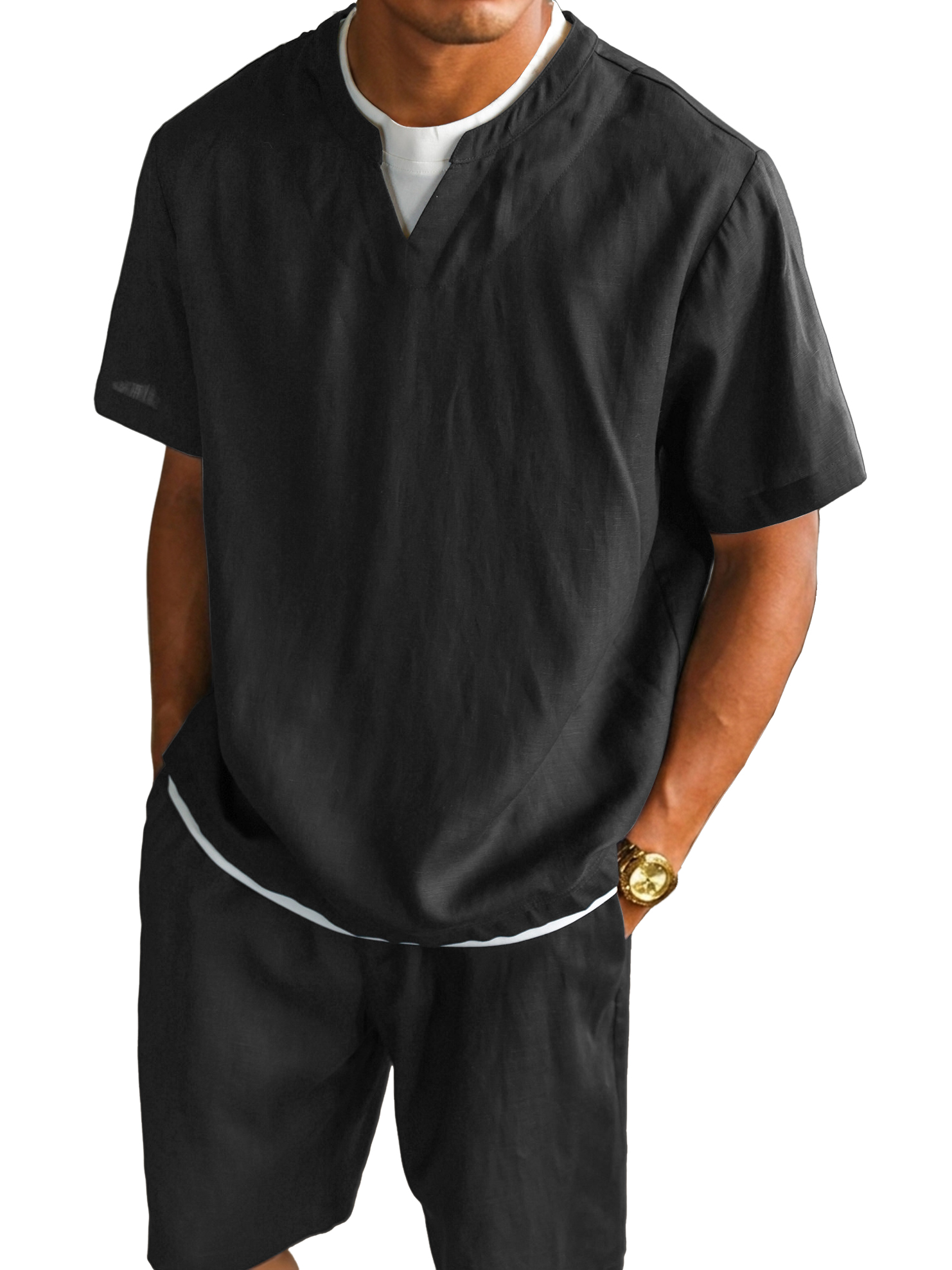 Men's V-neck Color-blocked Faux Two-piece Short-sleeved T-shirt and Shorts Set