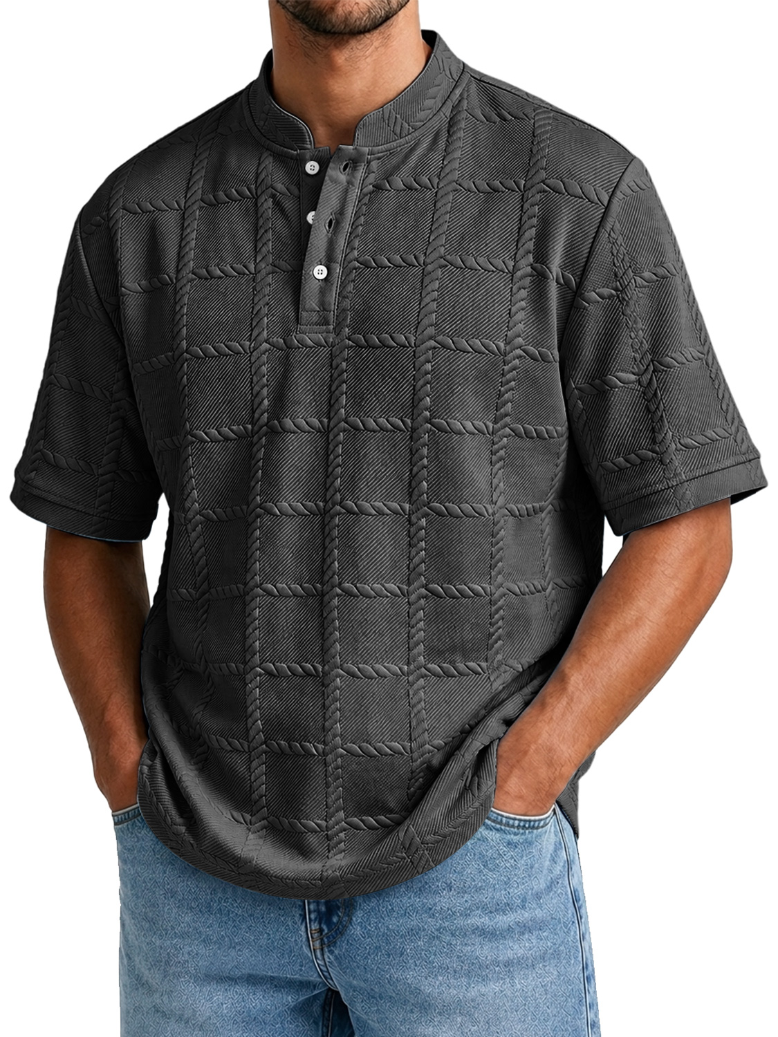 Men's Casual Textured Stand-Collar Button-Front Solid-Color Short-Sleeve Henley Shirt