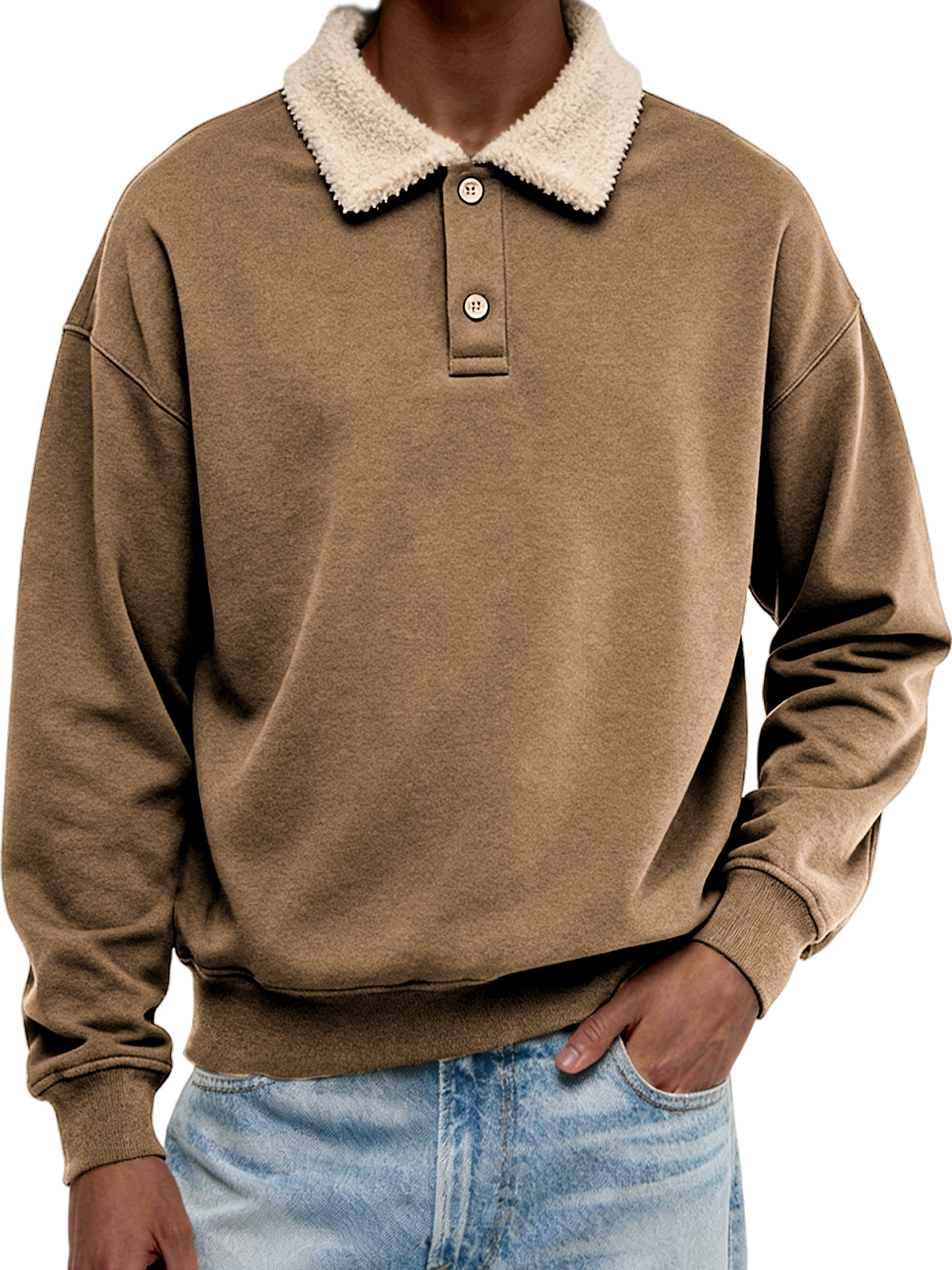 Men's Casual Sherpa Patchwork Collar Christmas Button-down Polo Shirt
