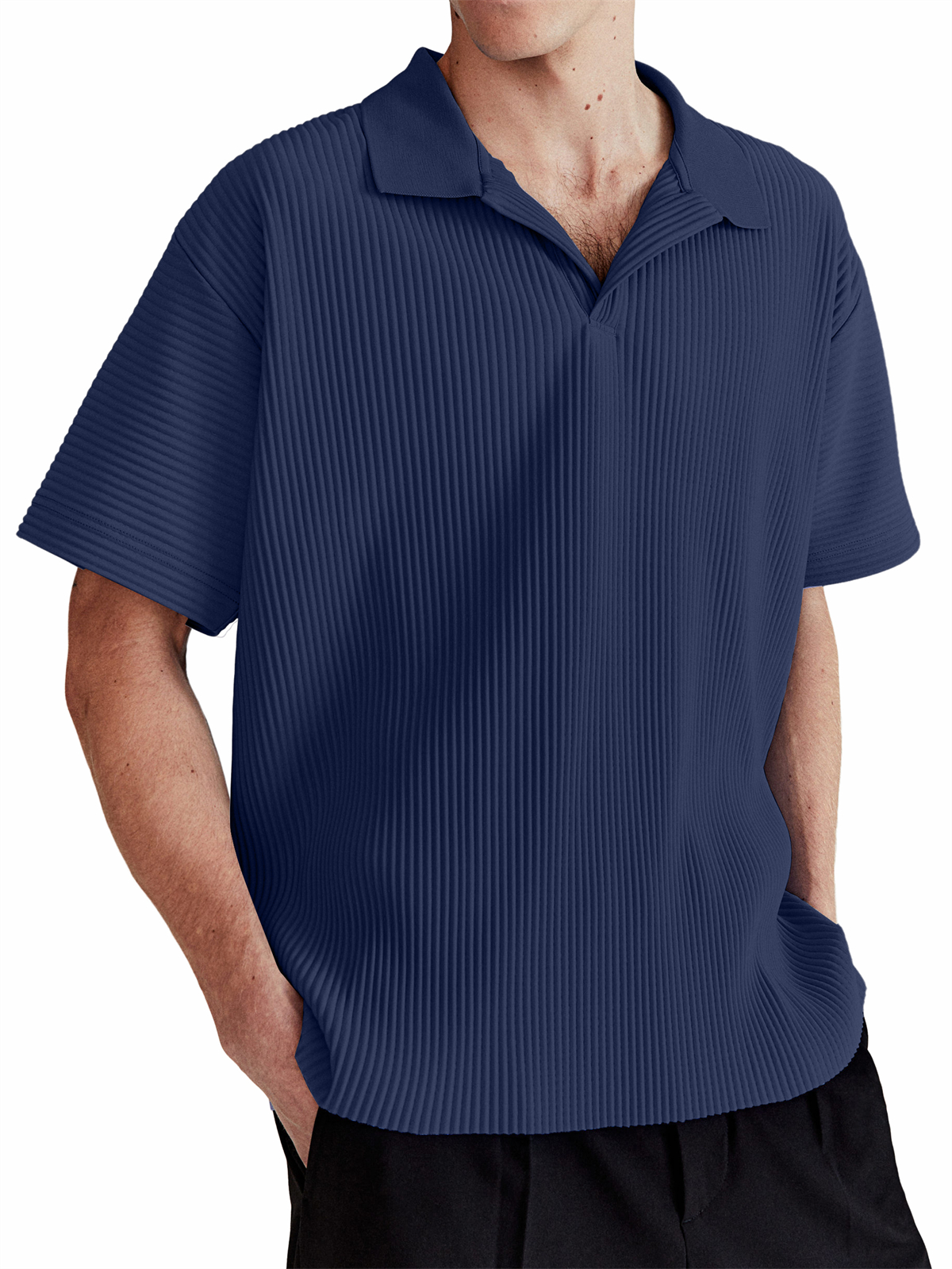Men's Daily Casual Comfortable Vertical Striped Solid Color V-neck Short-sleeved Polo Shirt