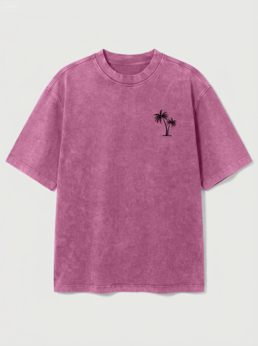 100% Cotton Vintage Washed & Distressed Crew-Neck Short-Sleeve T-Shirt with Palm Tree Print