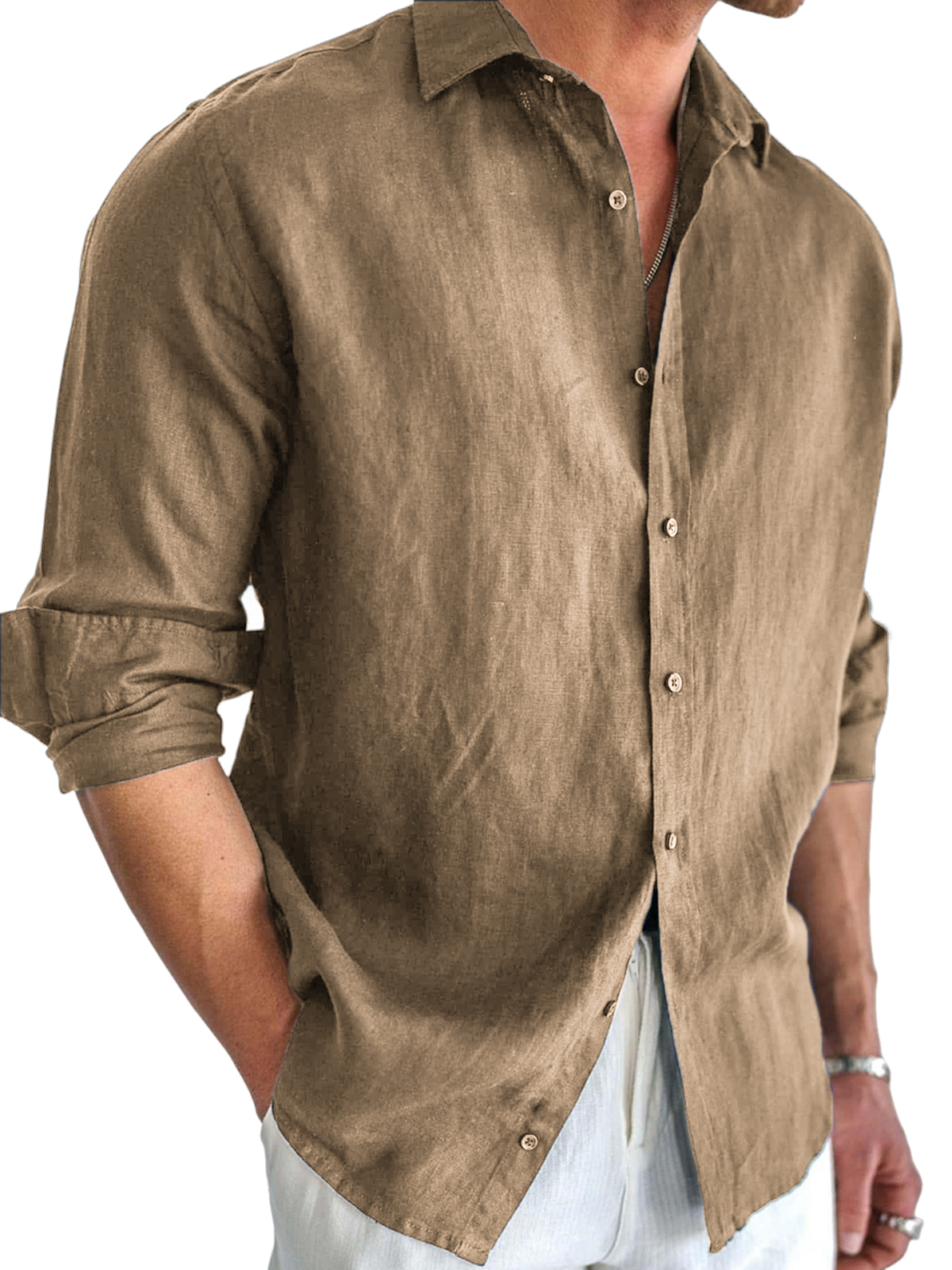 Men's Basic Cotton and Linen Long Sleeve Lapel Loose Button-down Cardigan Shirt