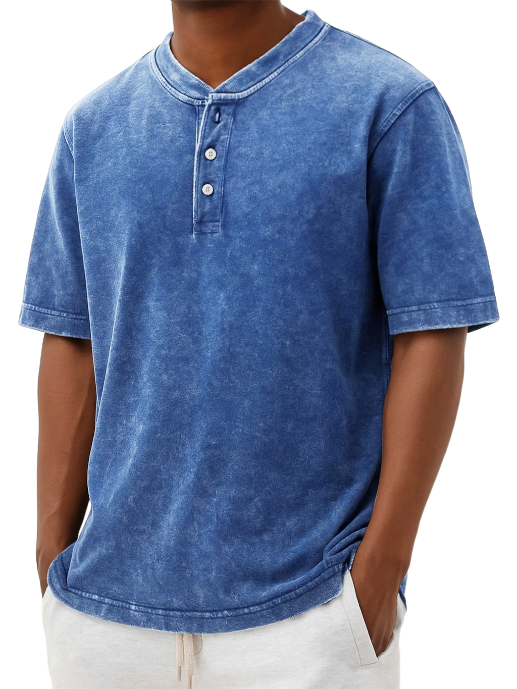 Men's Henry Collar Washed And Distressed Retro Casual Top