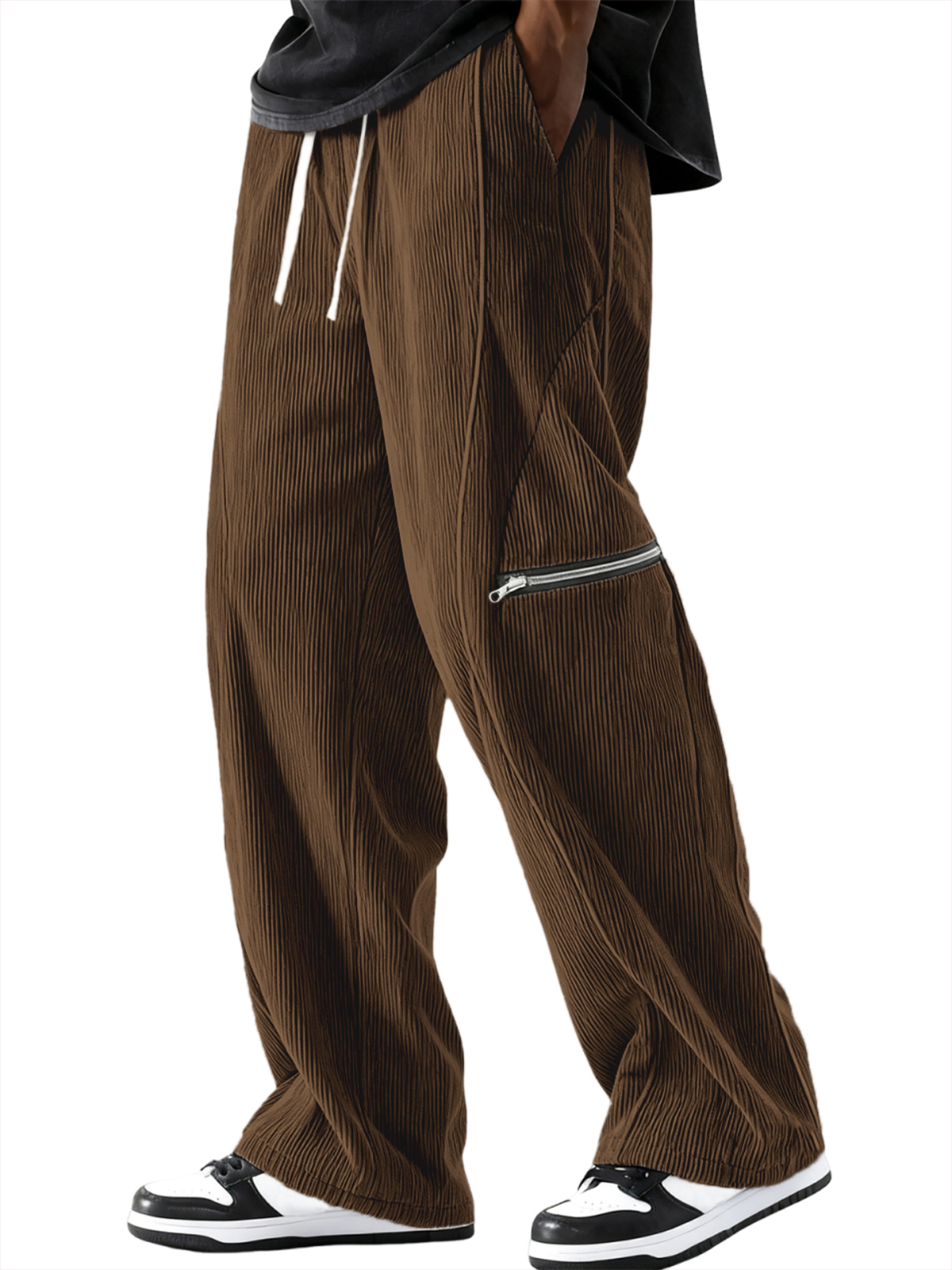 Men's Stylish Loose Corduroy Ribbed Pants with Zipper Pocket Everyday Trousers
