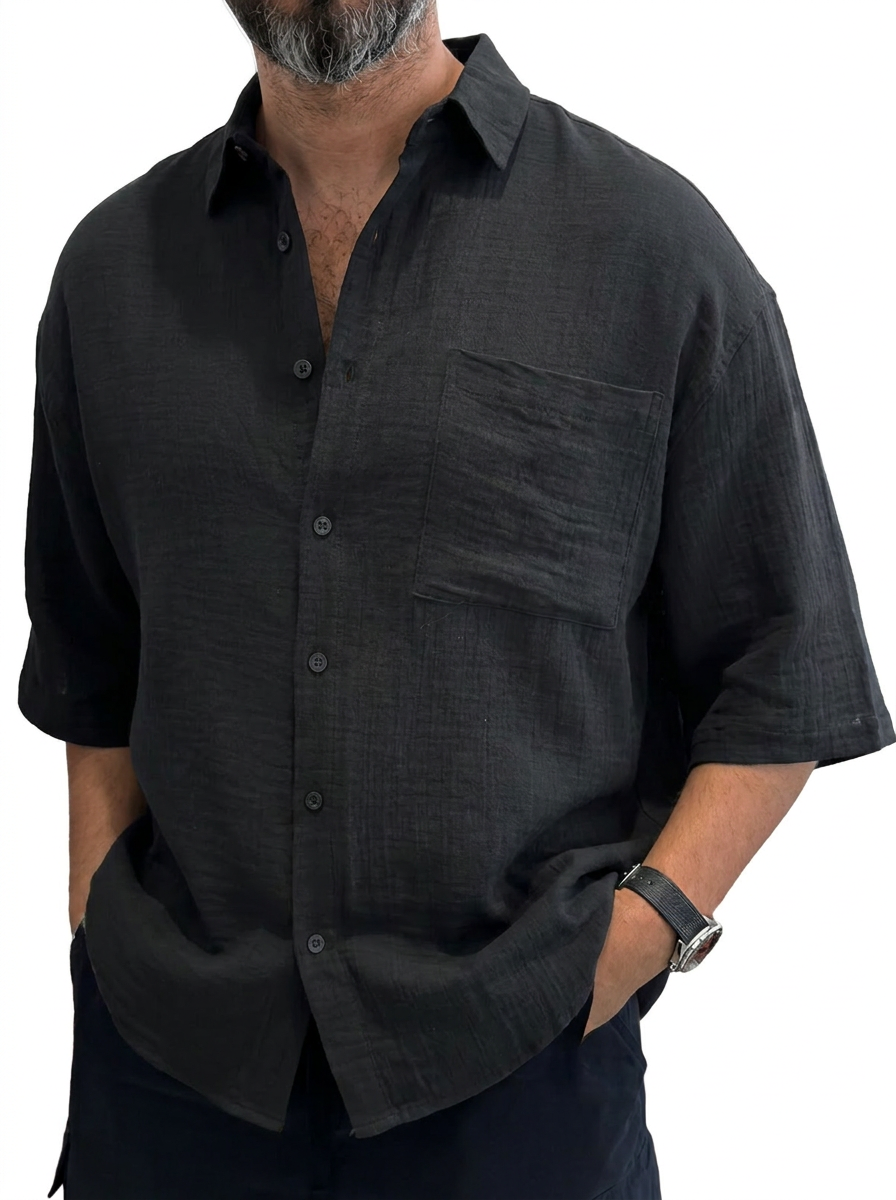 Men's Casual Loose Textured Striped Cool Short-Sleeve Shirt