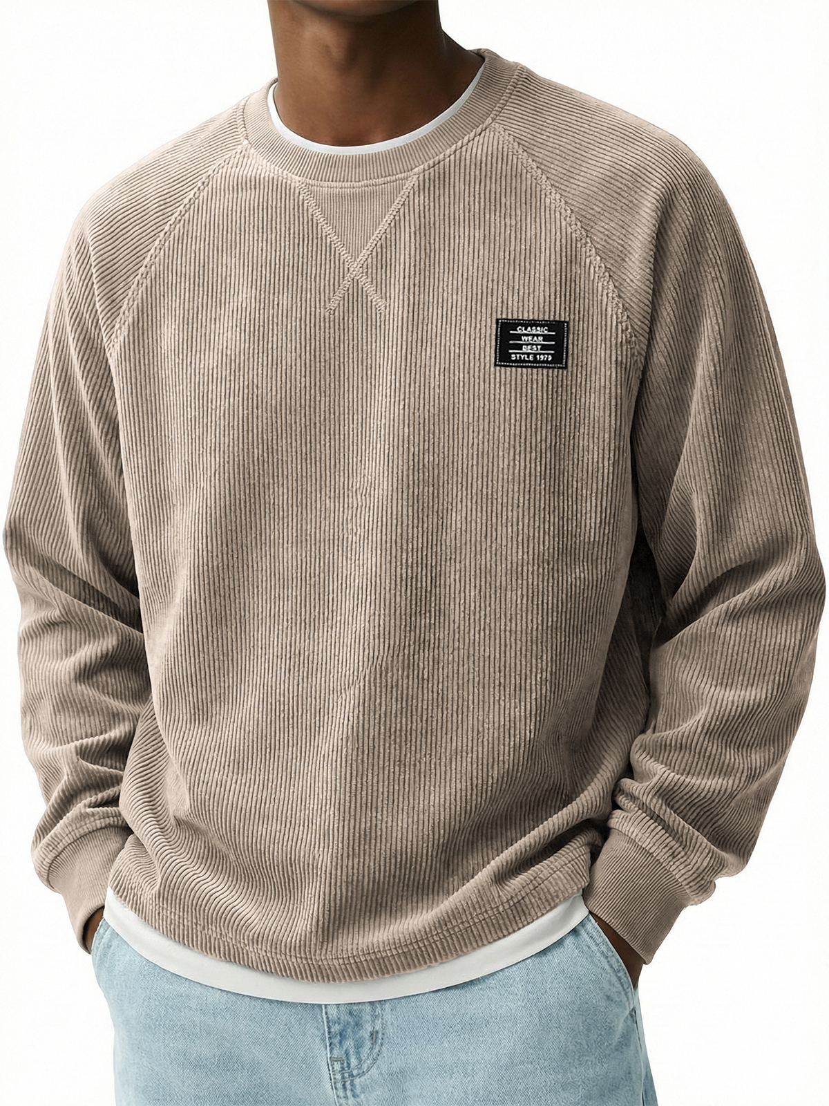 Corduroy Raglan Crew Neck Pullover Top with Stitched Embroidery Design