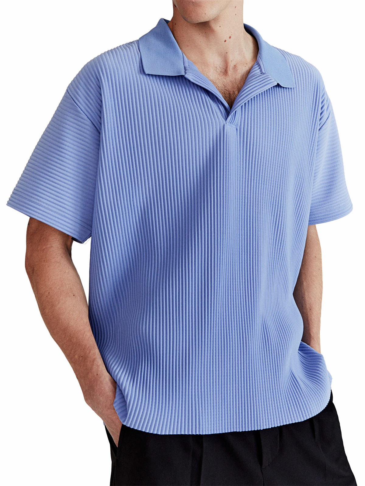 Men's Daily Casual Comfortable Vertical Striped Solid Color V-neck Short-sleeved Polo Shirt