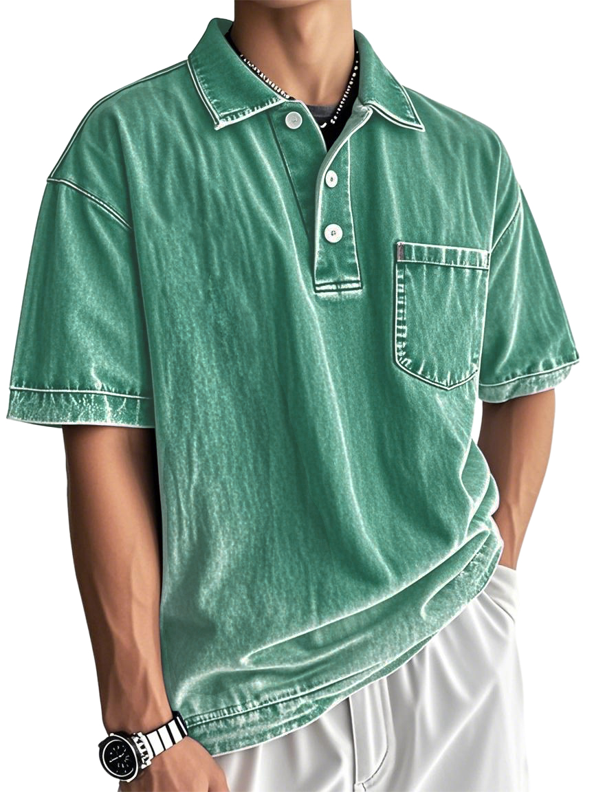 Men's Washed And Distressed Cotton Vintage Casual Polo Shirt