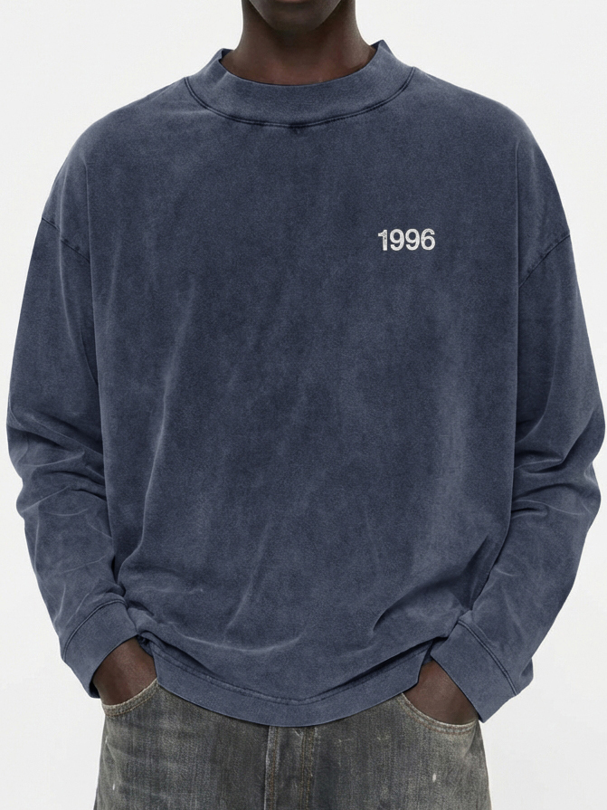 Men's 100% Cotton Vintage Washed and Distressed 1996 Crew Neck Long-Sleeved T-shirt