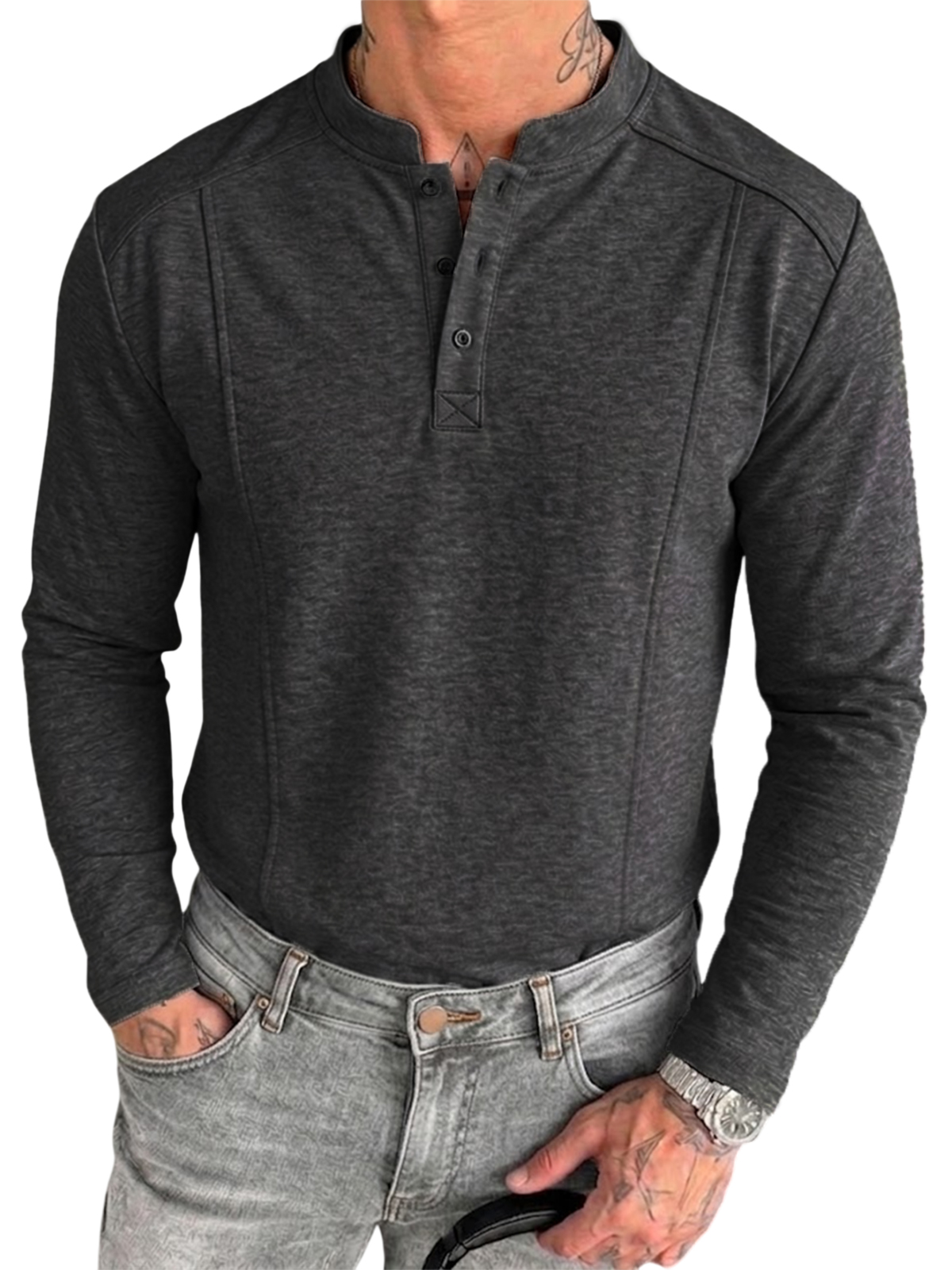 Men's Retro Textured Deconstructed Long-Sleeve Pullover Henley Shirt