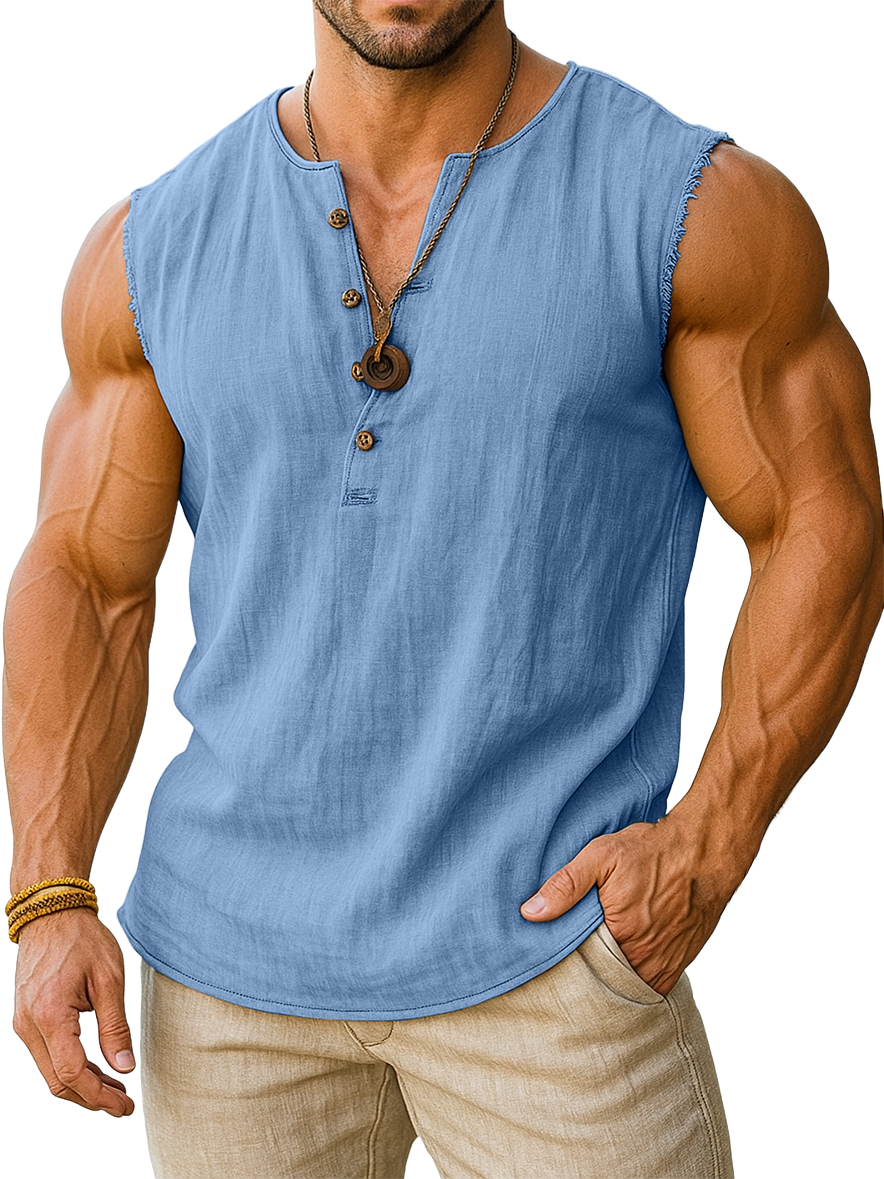 Men's Retro Cotton And Linen Sleeveless Henley Button-down T-shirt
