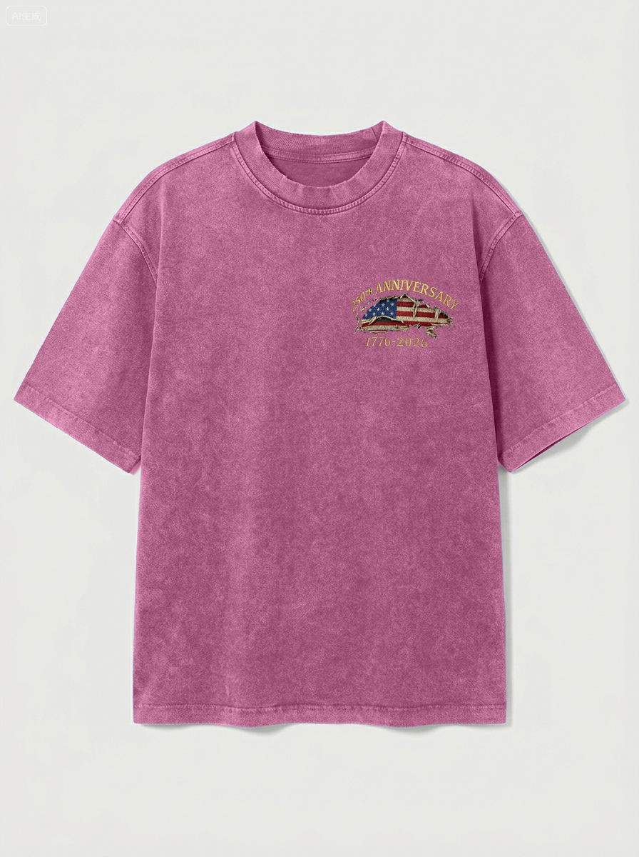 100% Cotton Vintage Washed & Distressed USA 250th Anniversary Crew Neck Short-Sleeve T-Shirt