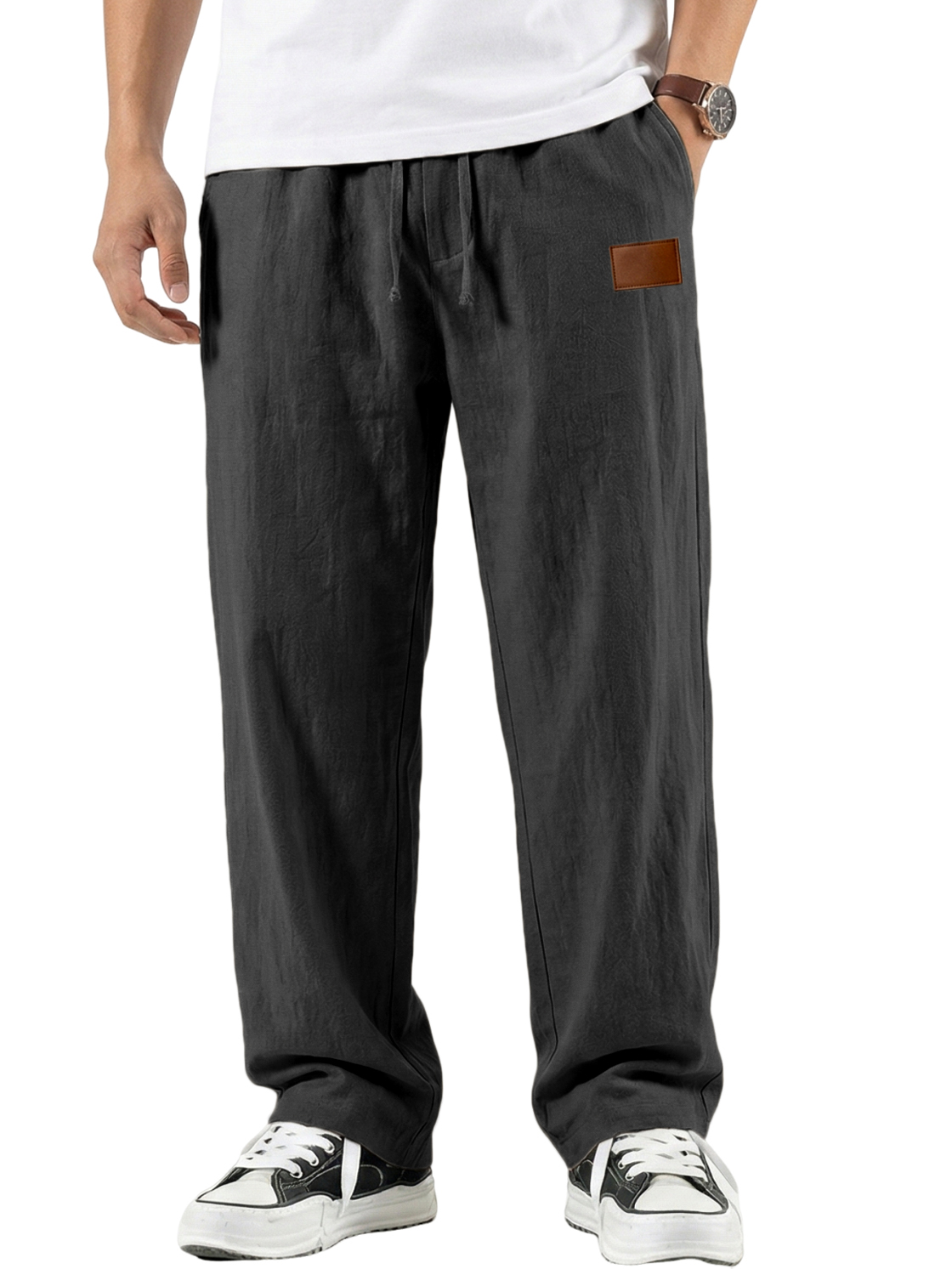 Men's Comfort Cotton-linen Breathable Pants with Embroidered Leather Labels