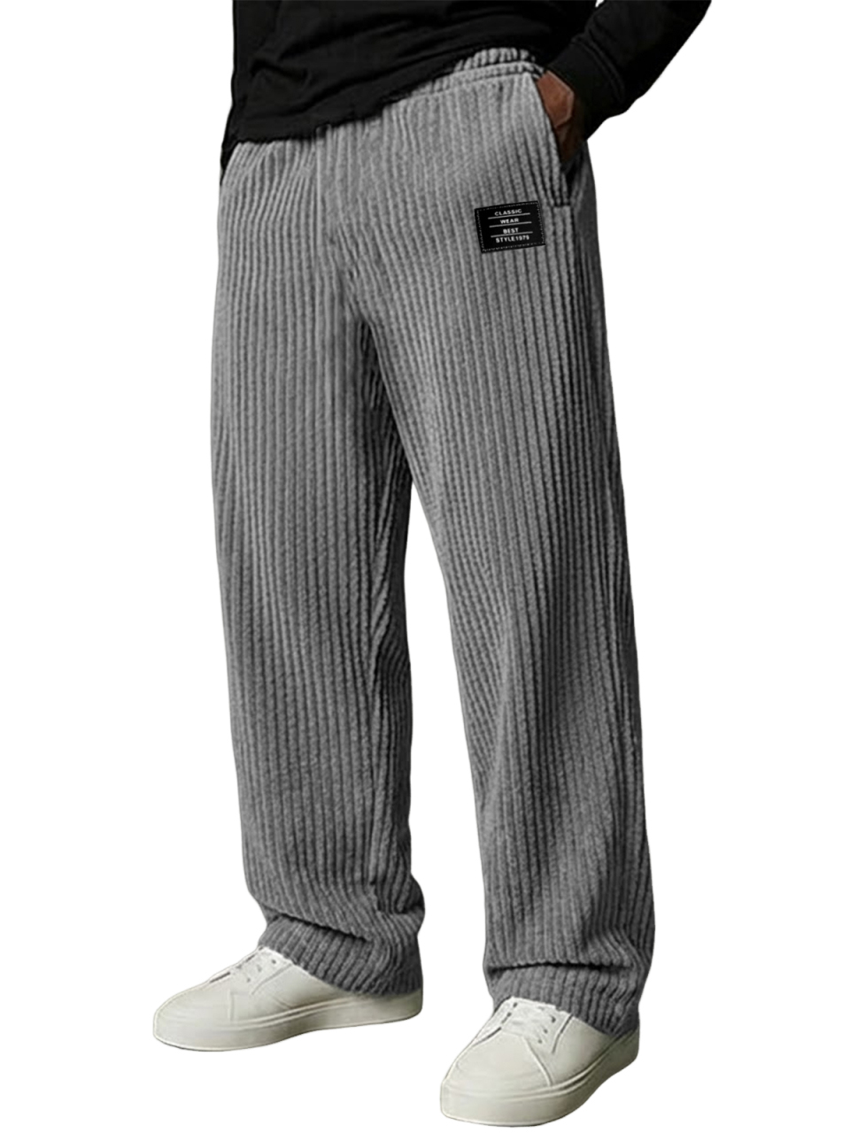 Men's Stylish Vertical Striped Corduroy Trousers with Embroidered Label
