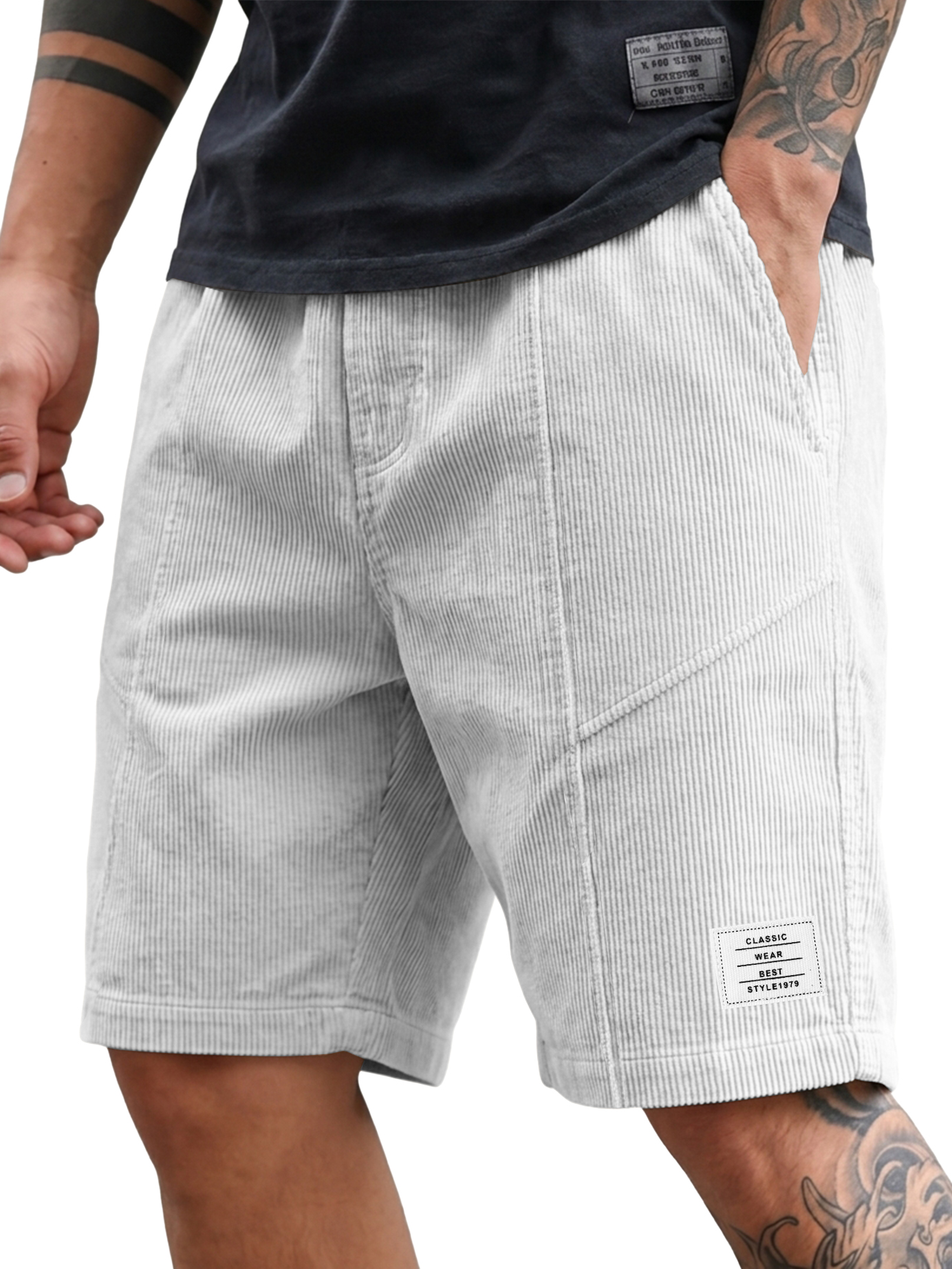 Men's Fashion Deconstructed Corduroy Embroidered Logo Shorts
