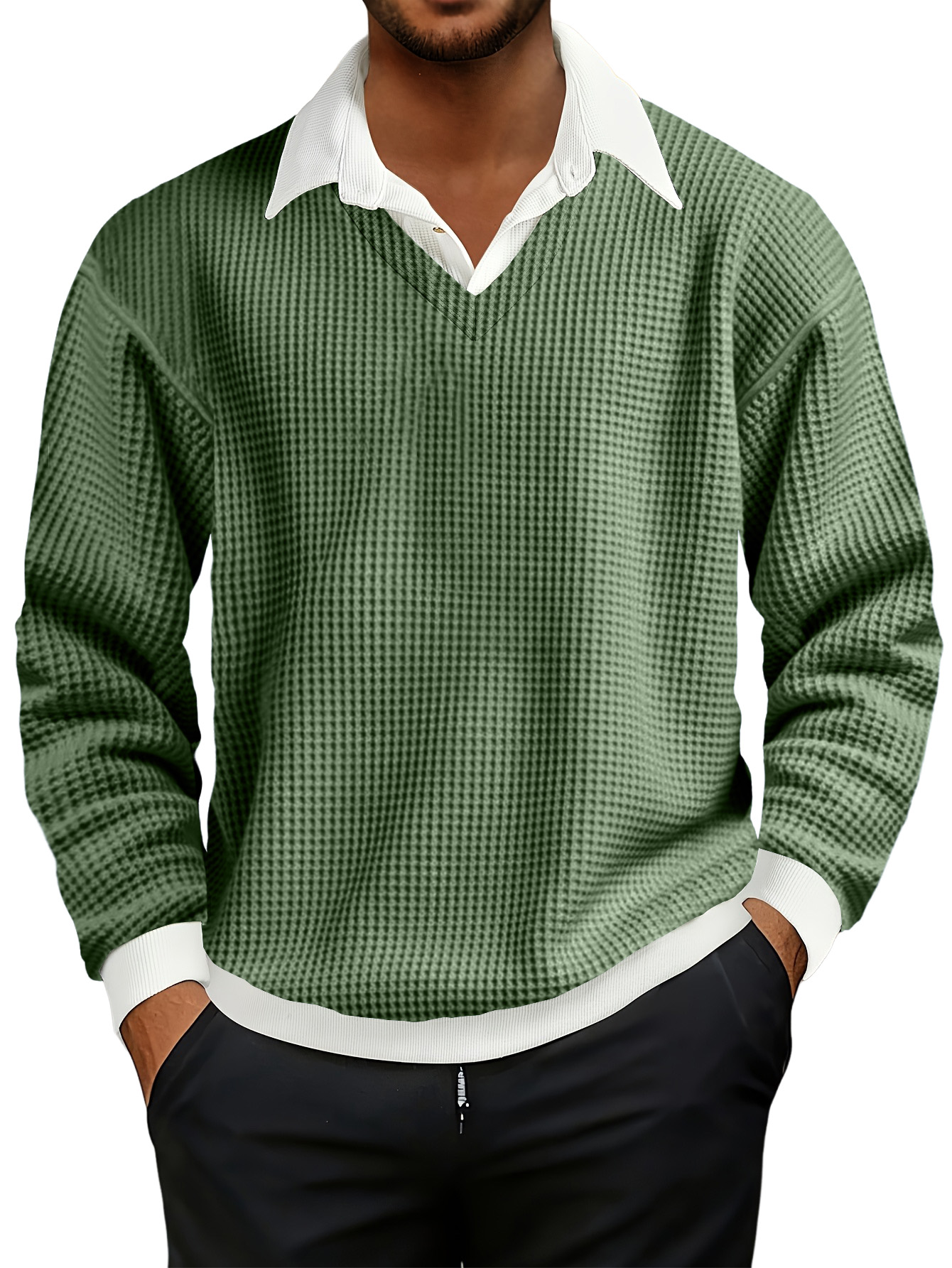 Men's Fashionable Casual Waffle Faux Two-piece Polo Sweatshirt