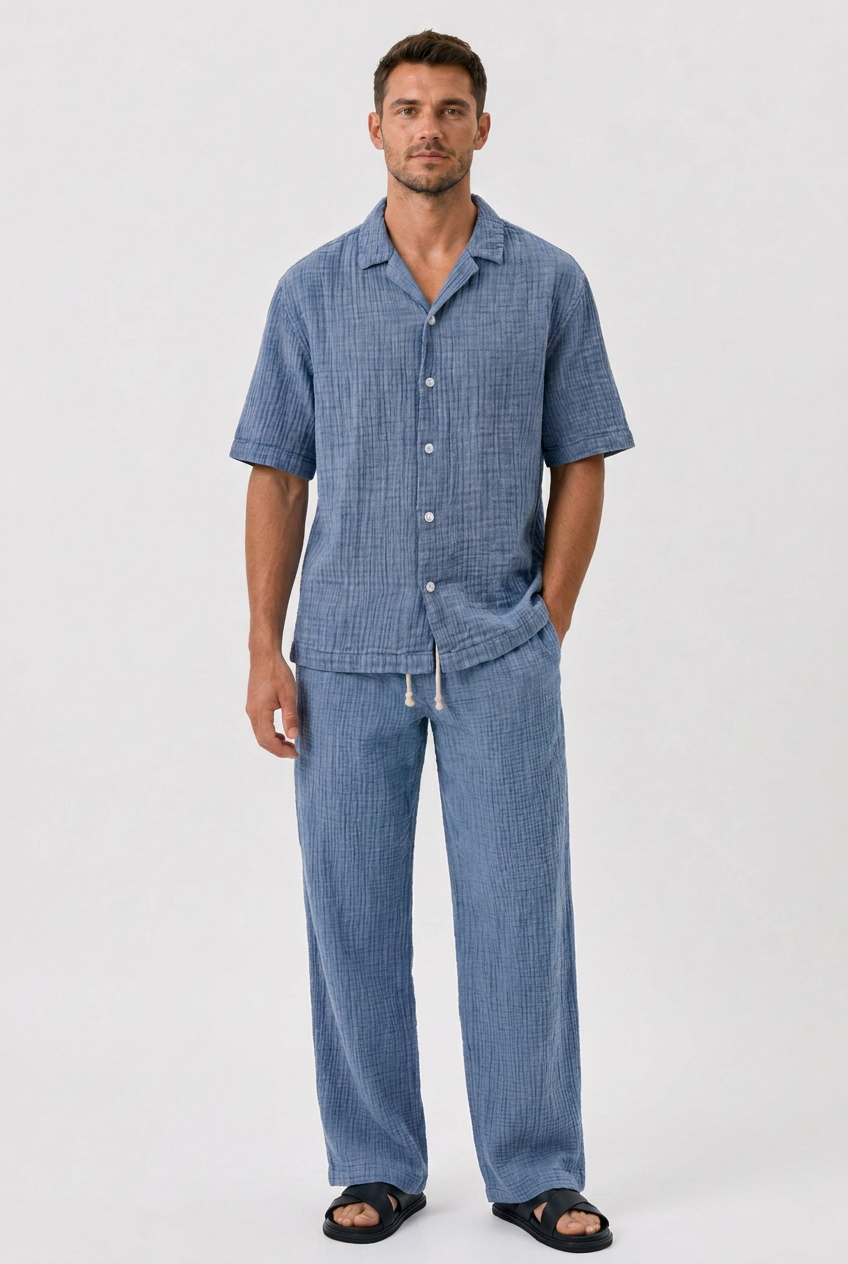 Men's Casual Loose Comfortable Textured Cuban Collar Short Sleeve Shirt