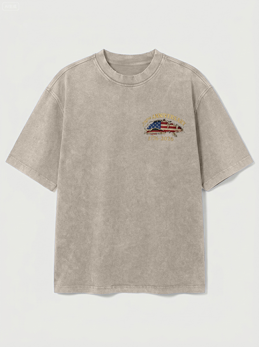 100% Cotton Vintage Washed & Distressed USA 250th Anniversary Crew Neck Short-Sleeve T-Shirt