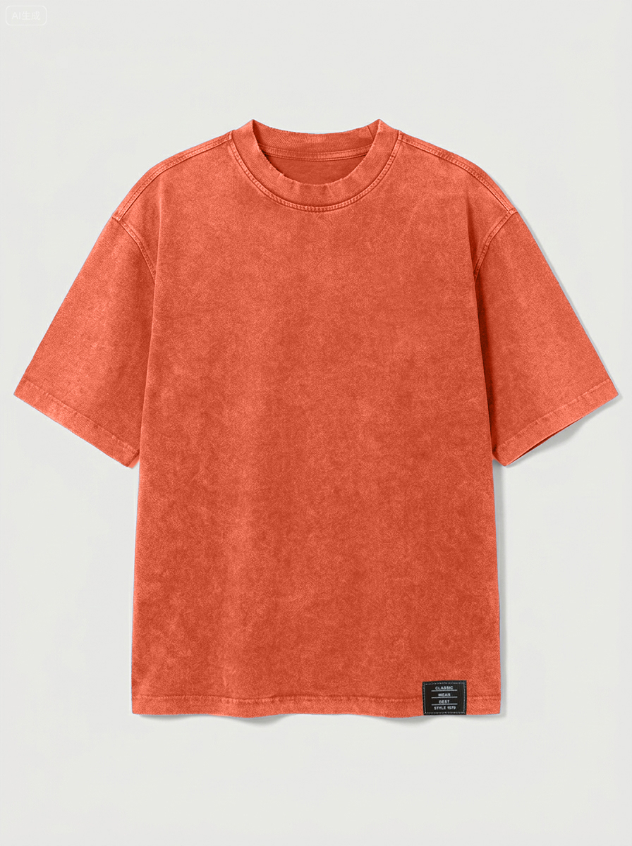 100% Cotton Vintage Casual Washed & Distressed Embroidered Logo Crew Neck Short-Sleeve T-Shirt