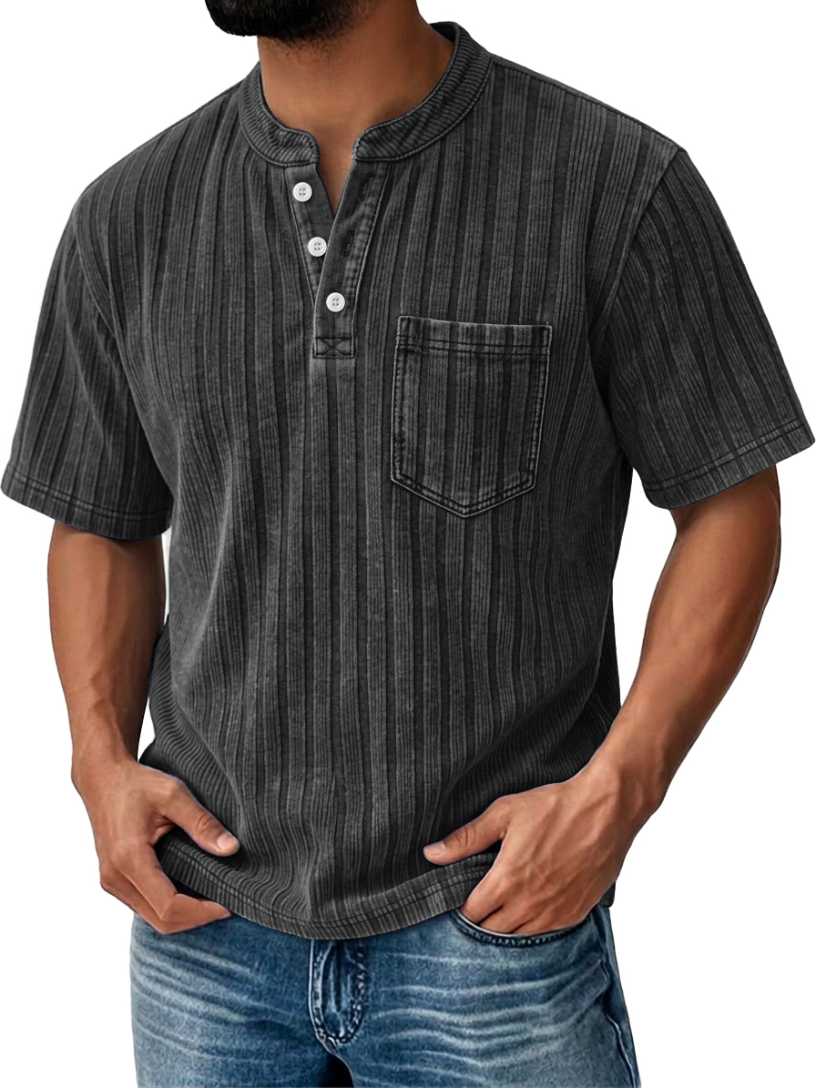 Men's Textured Striped Short-Sleeve Henley – Breathable & Comfortable