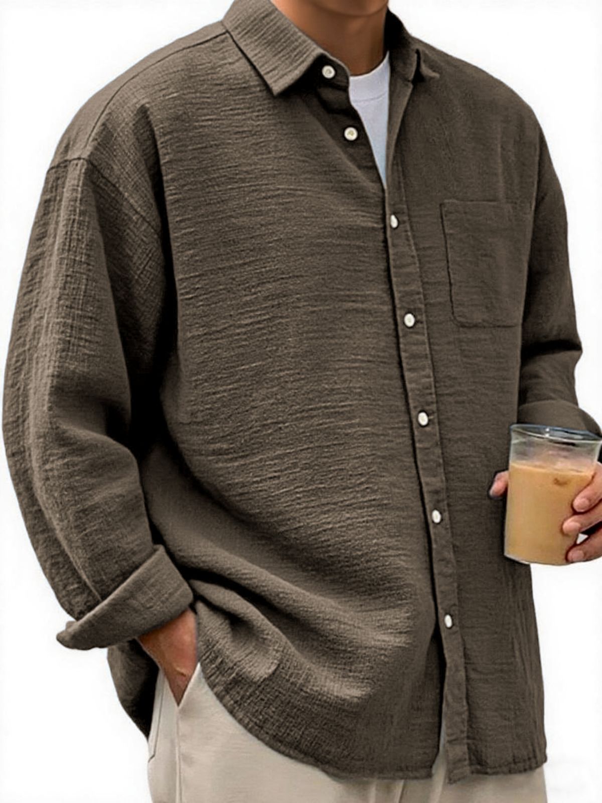 Men's Crinkled Linen Urban Casual Daily Long-sleeve Shirt with Chest Pocket