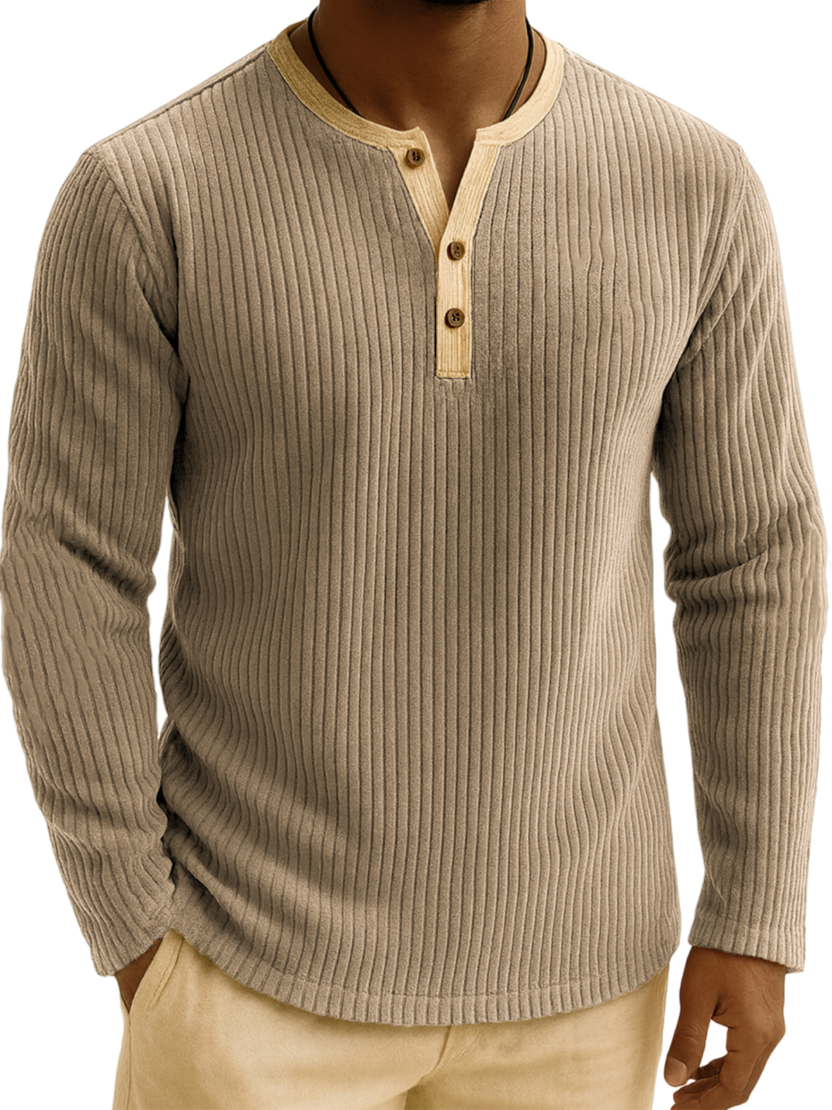 Men's Stylish Corduroy Ribbed Color-Block Henley Shirt