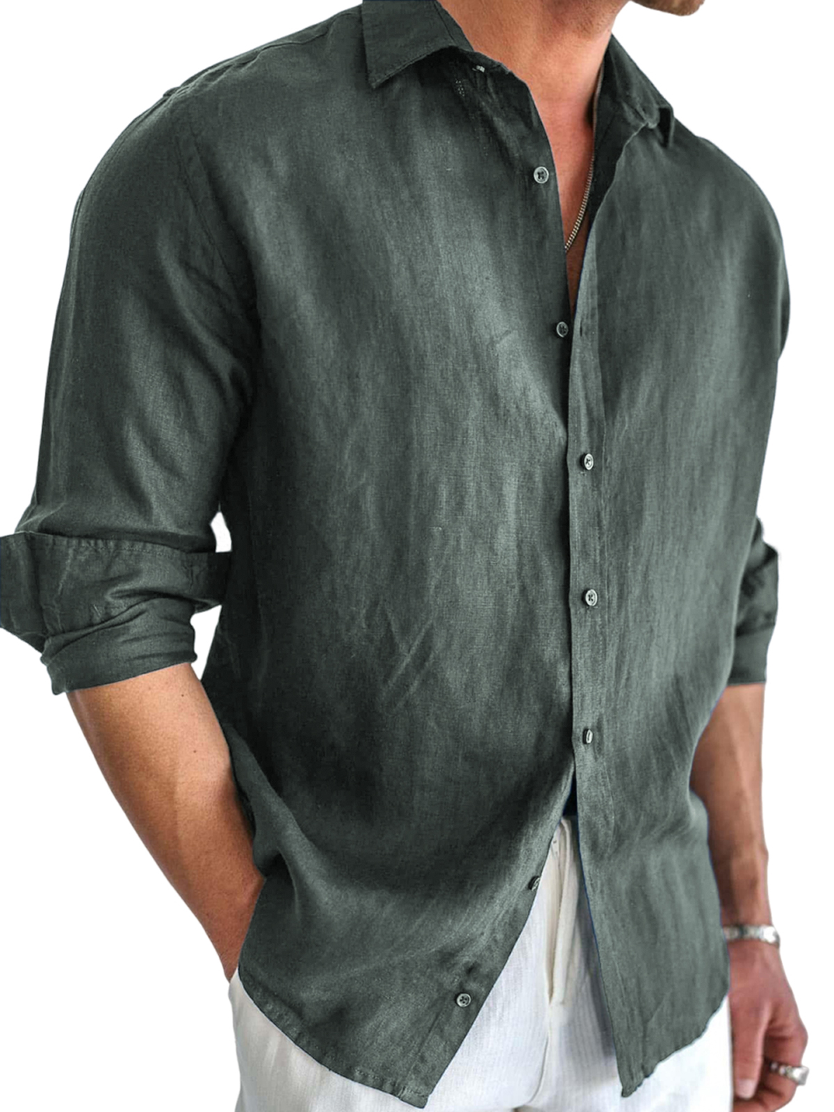 Men's Basic Cotton and Linen Long Sleeve Lapel Loose Button-down Cardigan Shirt