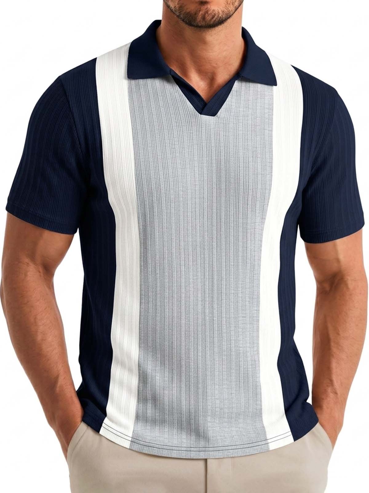 Seagull-Collar Color-Block Striped Basic Top
