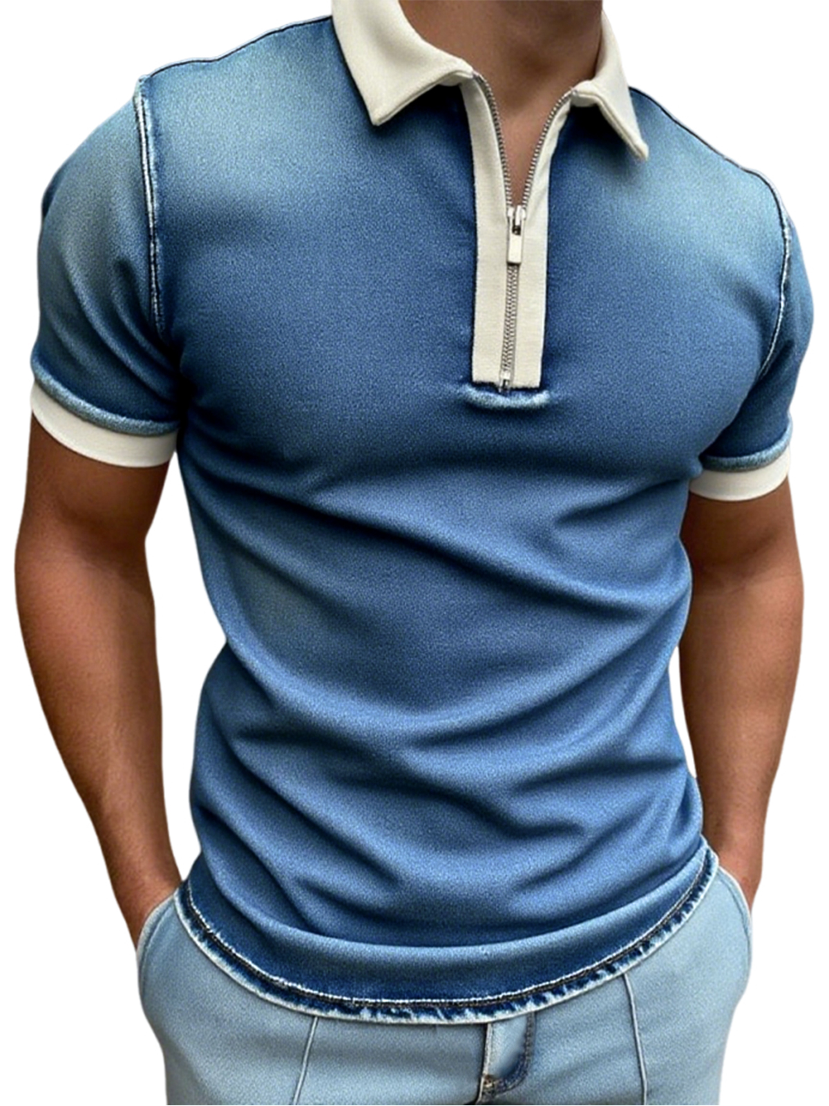 Men's Stylish Distressed Quarter Zip Short Sleeve Lapel Polo Shirt