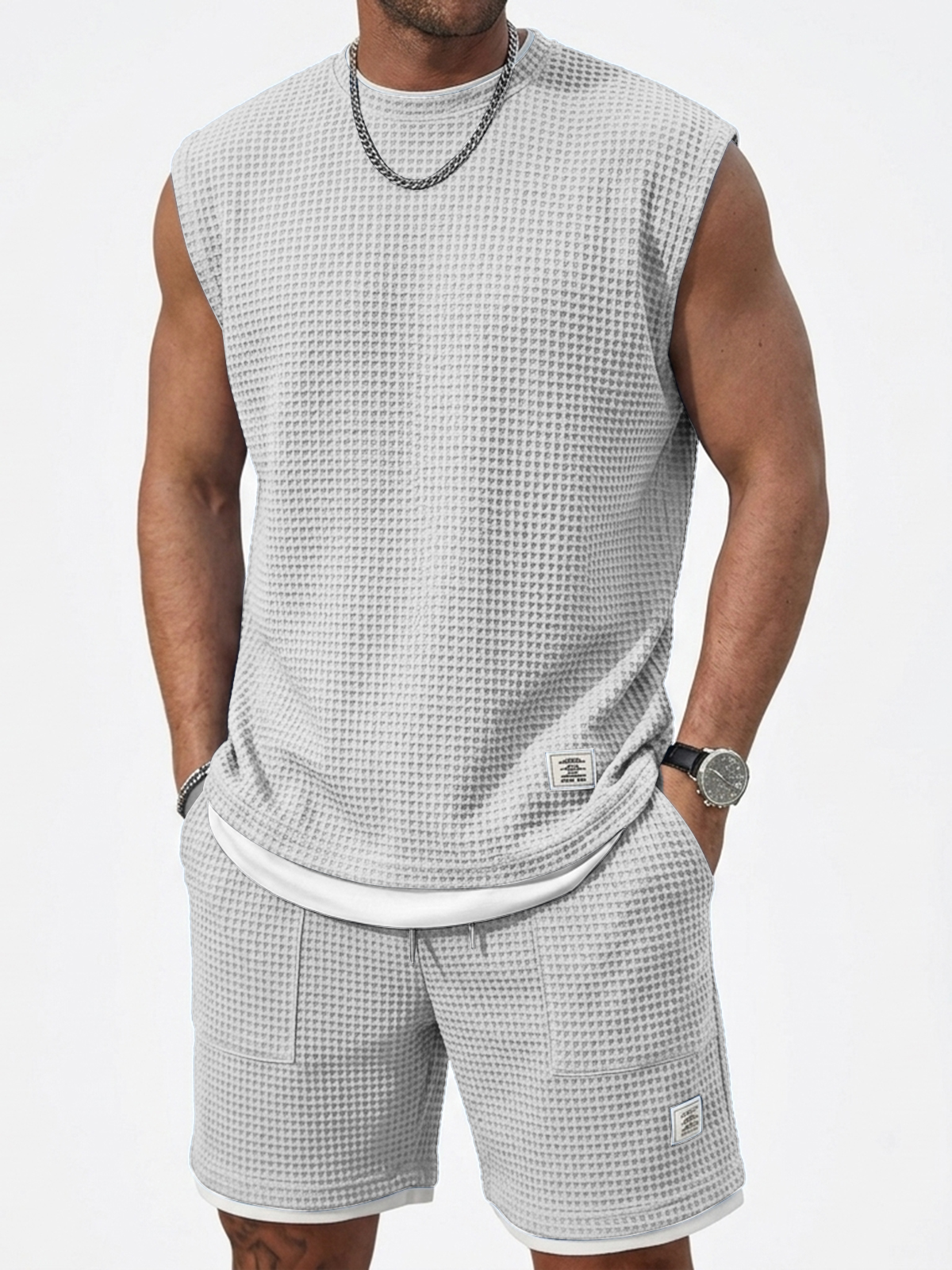 Stylish And Casual Waffle Fabric Vest And Shorts Two-piece Set