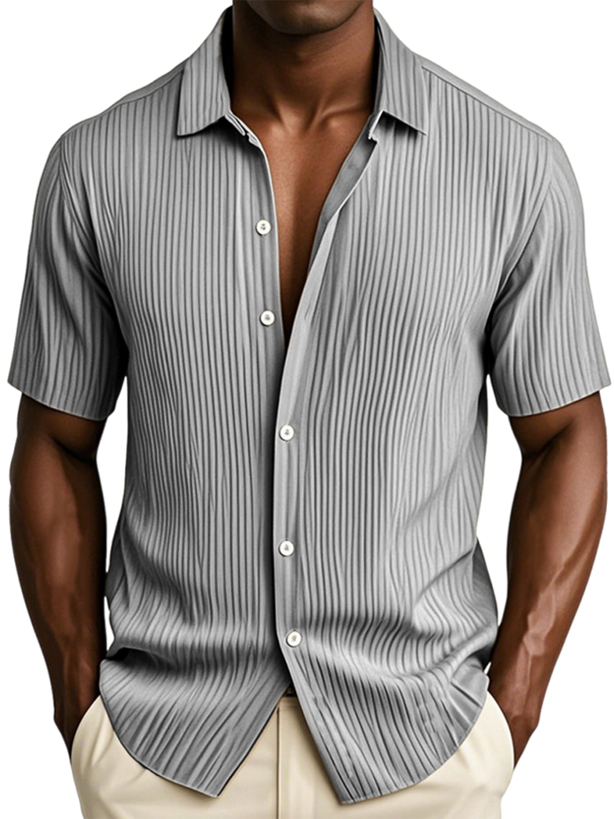 Men's Textured Vertical Striped Ice Silk Ripped Casual Button-down Short-sleeved Shirt