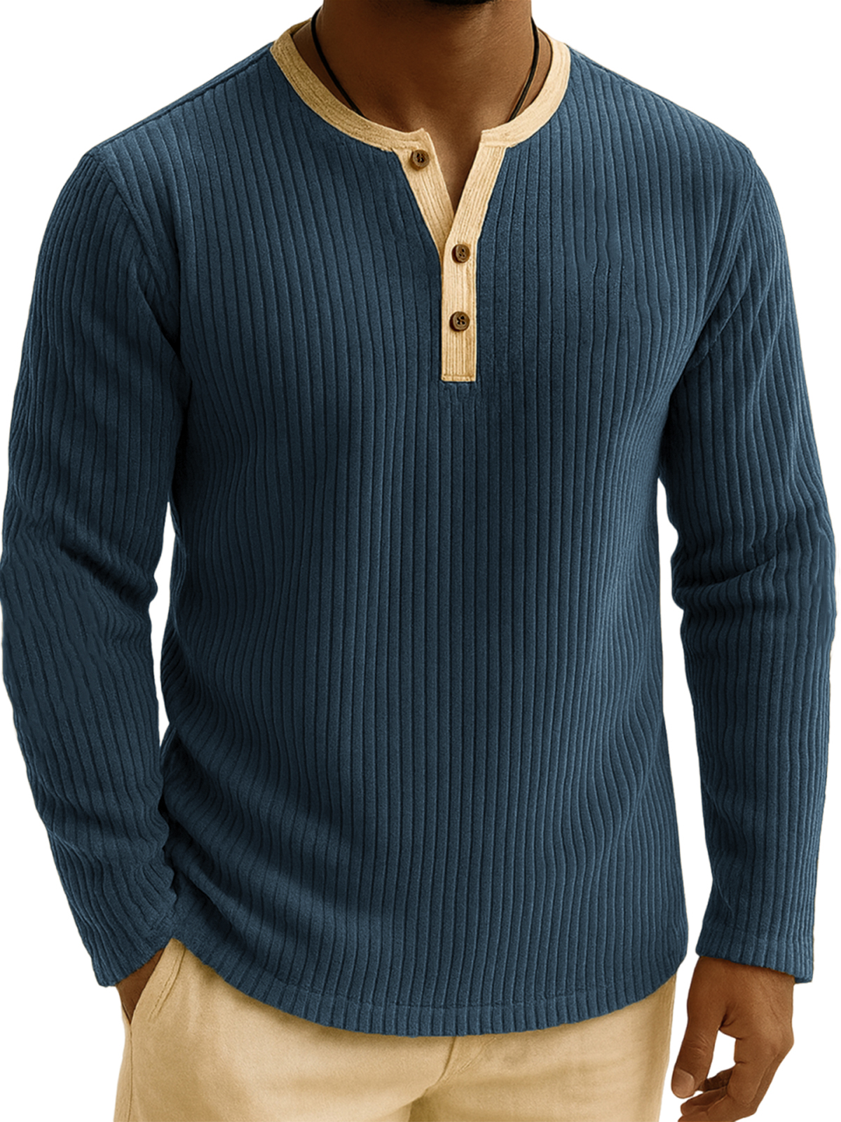 Men's Stylish Corduroy Ribbed Color-Block Henley Shirt