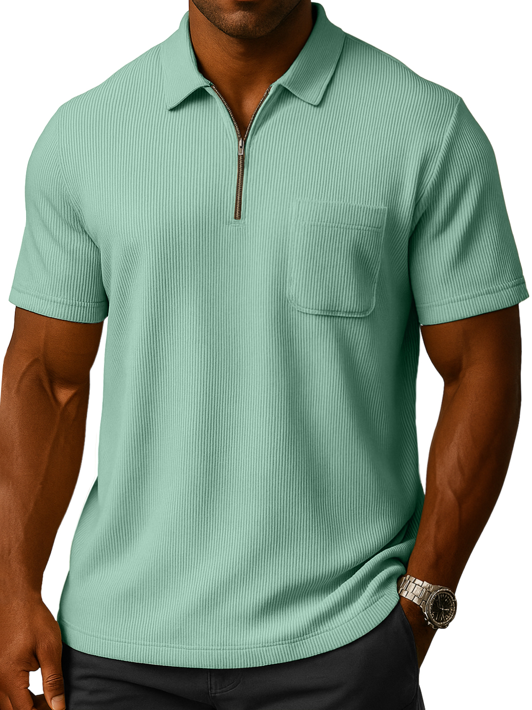 Men's Solid Color Loose And Comfortable Vertical Stripes Zipper Pocket Short-sleeved Polo Shirt